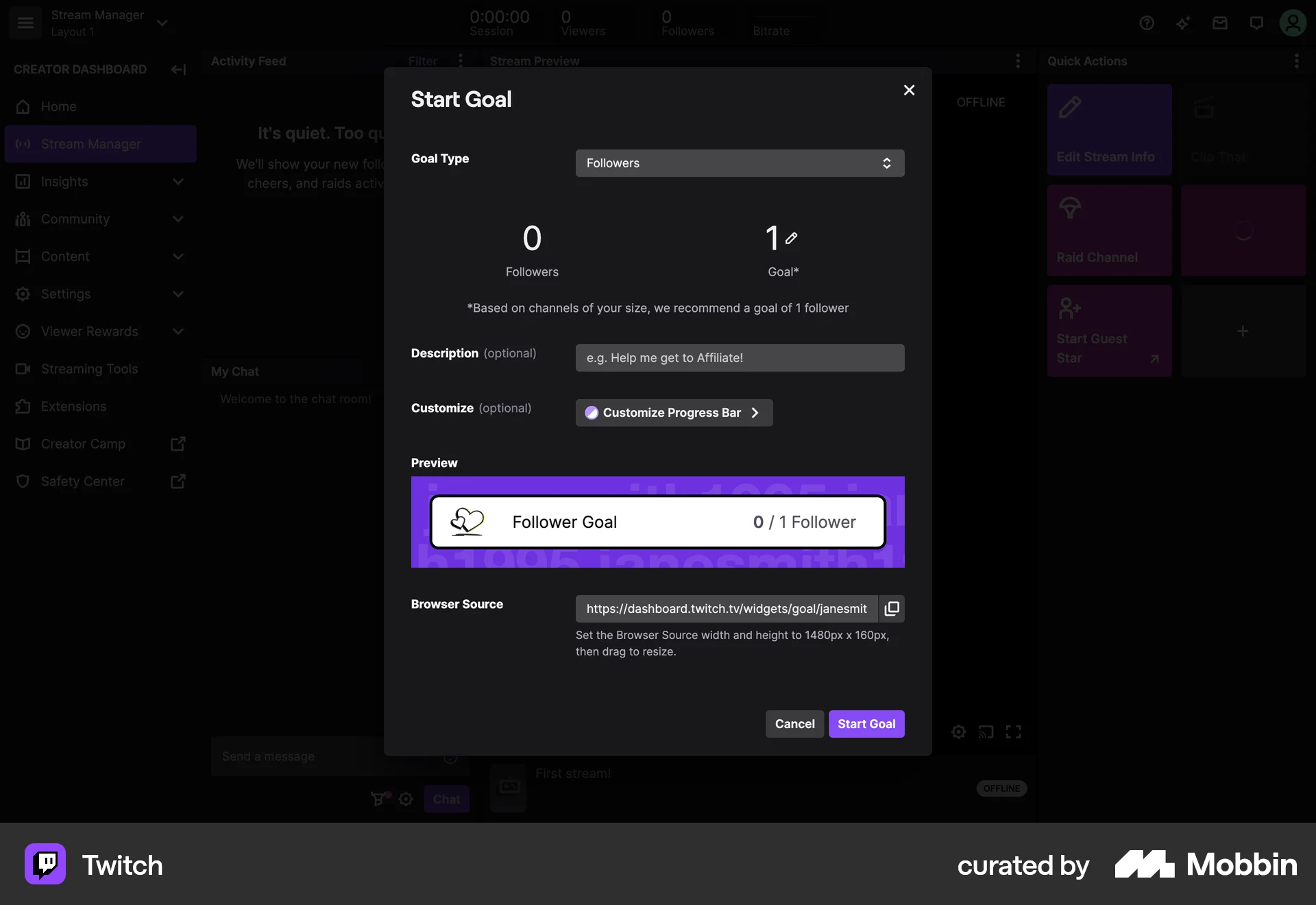 Twitch Web screen containing Editable Text UI element