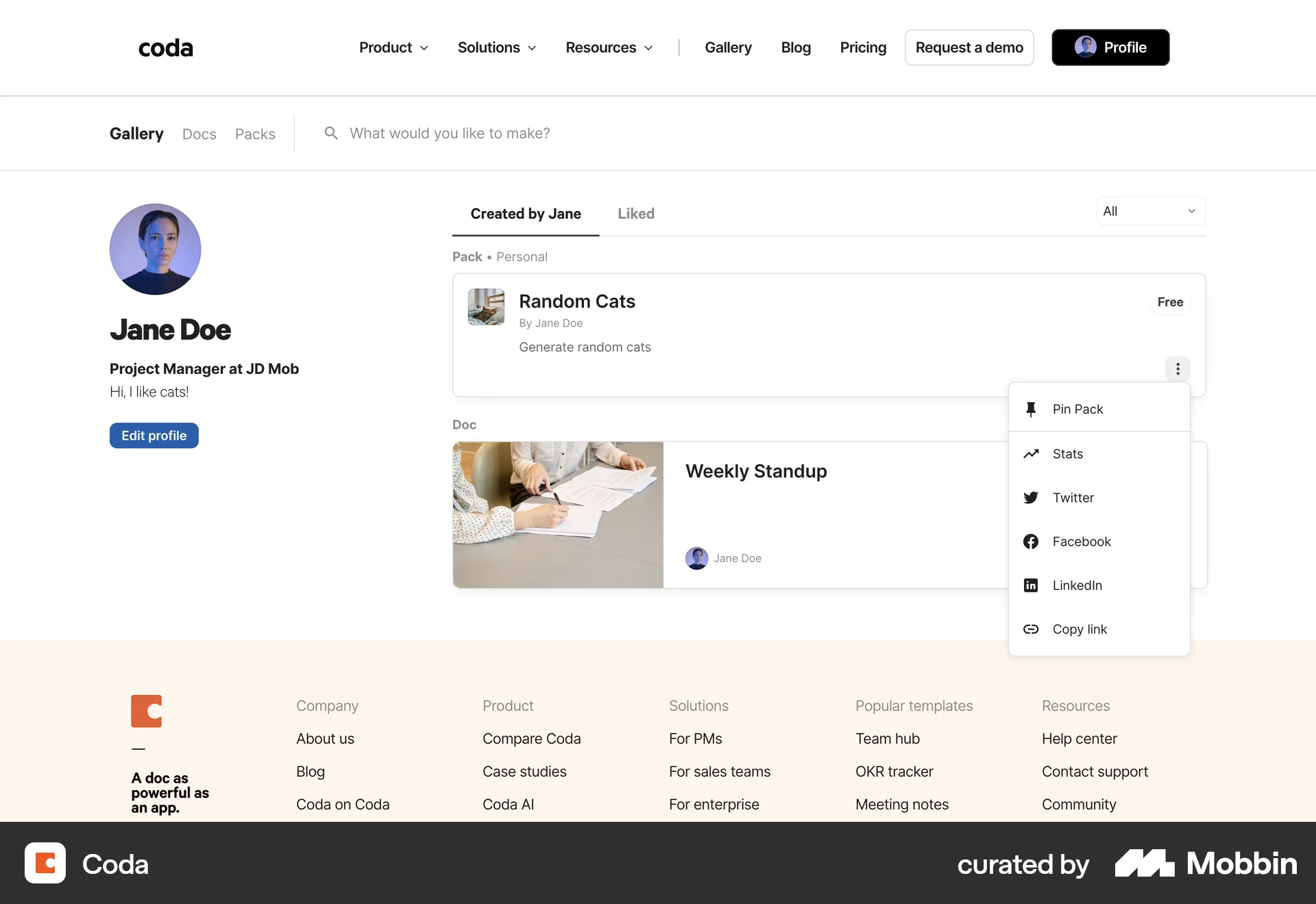 Coda Web Favorite & Pin screen