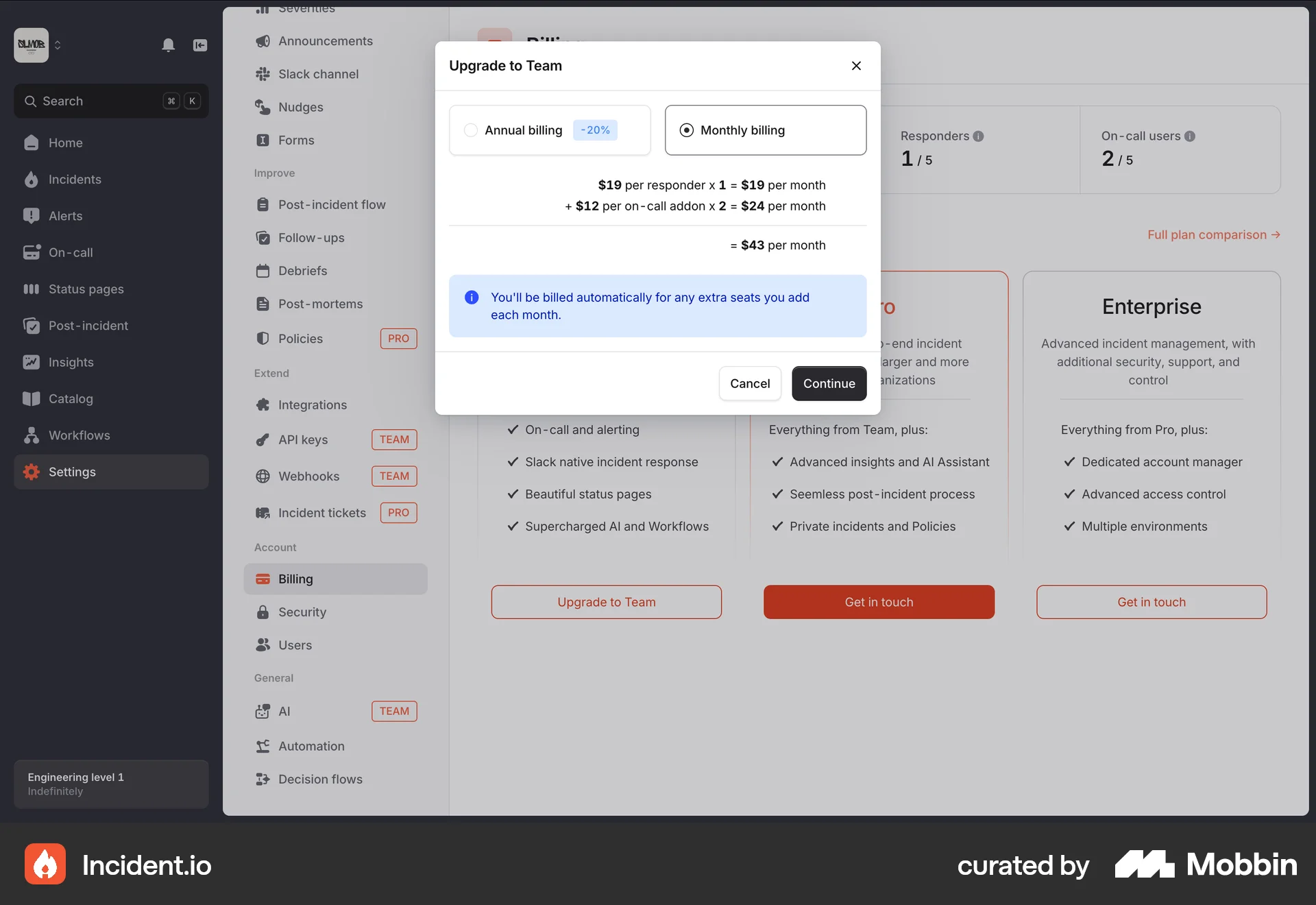 incident.io Web Checkout screen