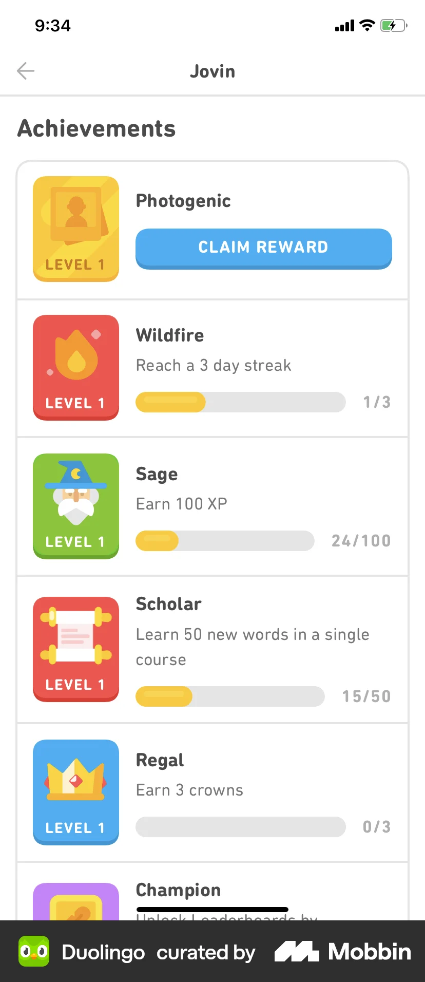 Duolingo iOS Achievements & Awards screen