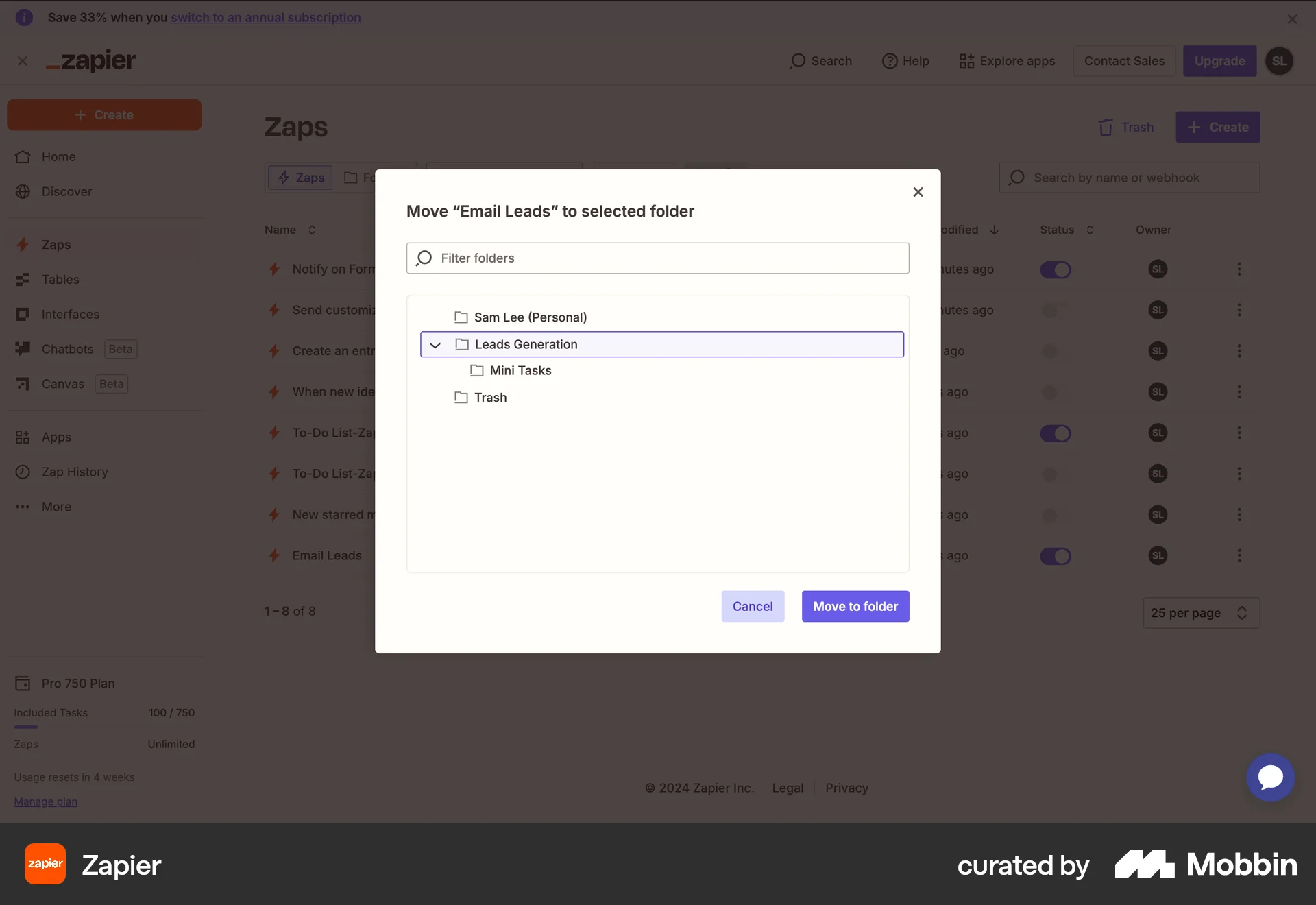 Zapier Web Move screen