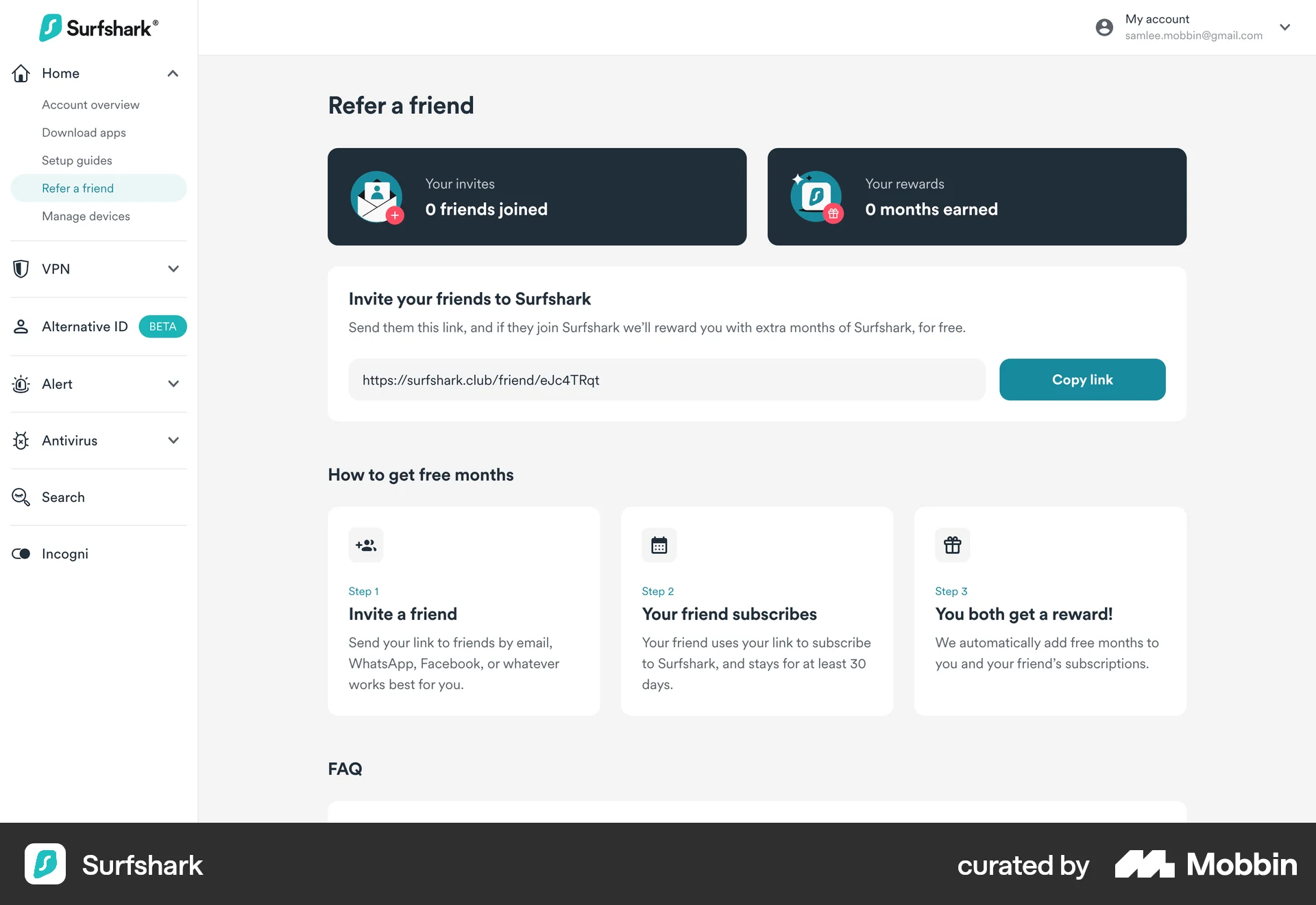 Surfshark Web Invite & Refer Friends screen