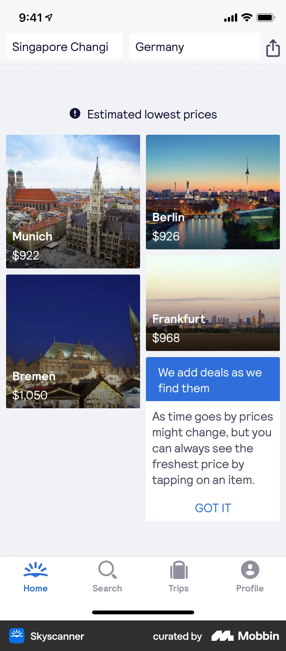 Skyscanner iOS screen containing Gallery UI element