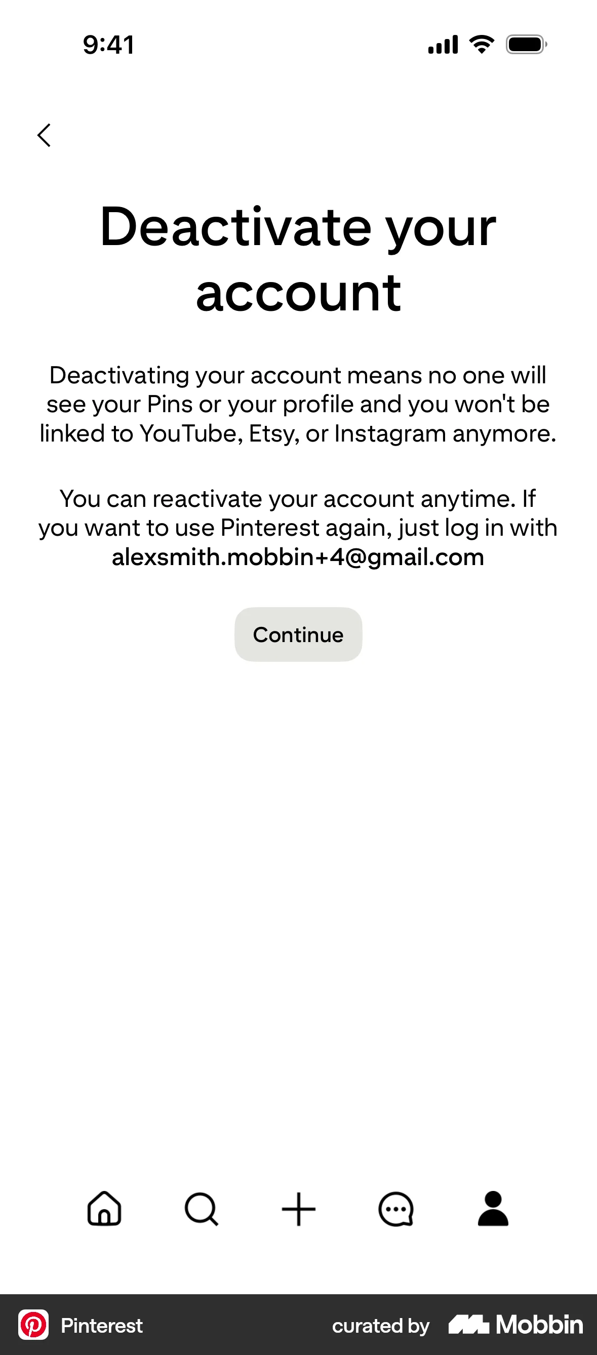 Pinterest iOS Confirmation screen