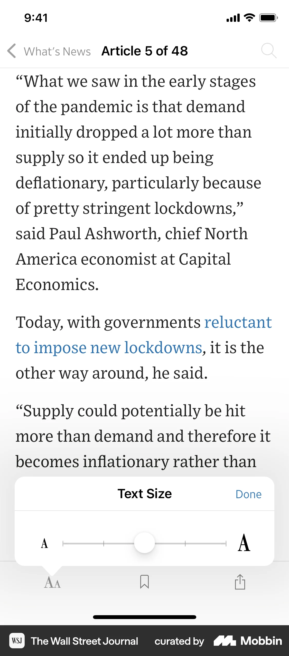 The Wall Street Journal iOS Article Detail screen