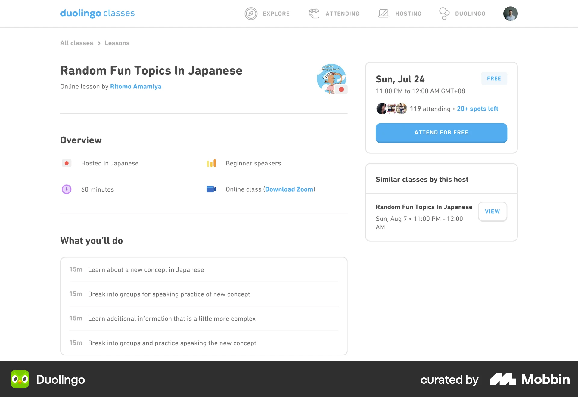 Duolingo Web Event Detail screen