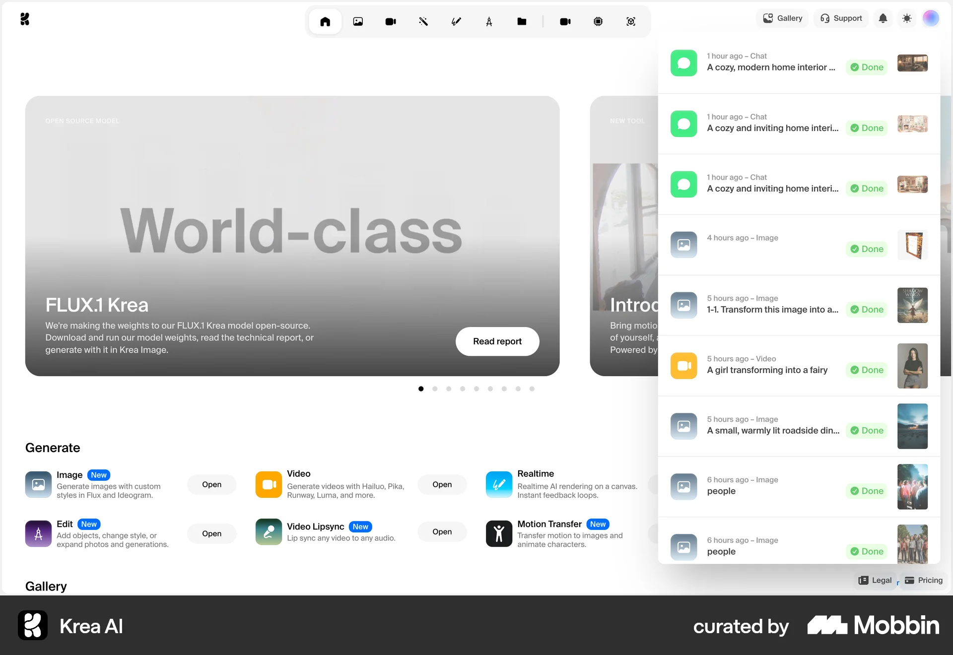 Krea AI Web screen containing Popover UI element