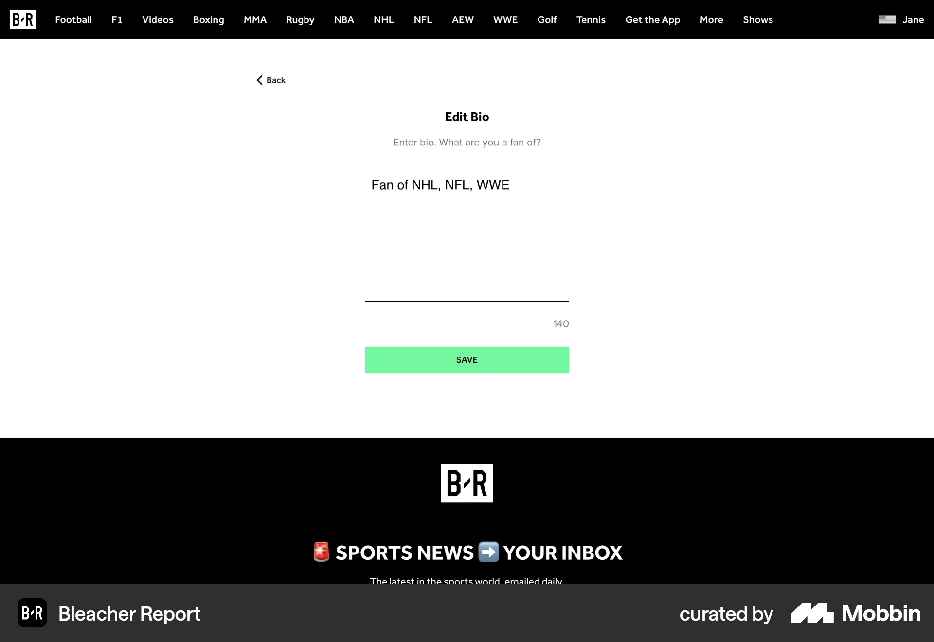 Bleacher Report Web Sports App screen