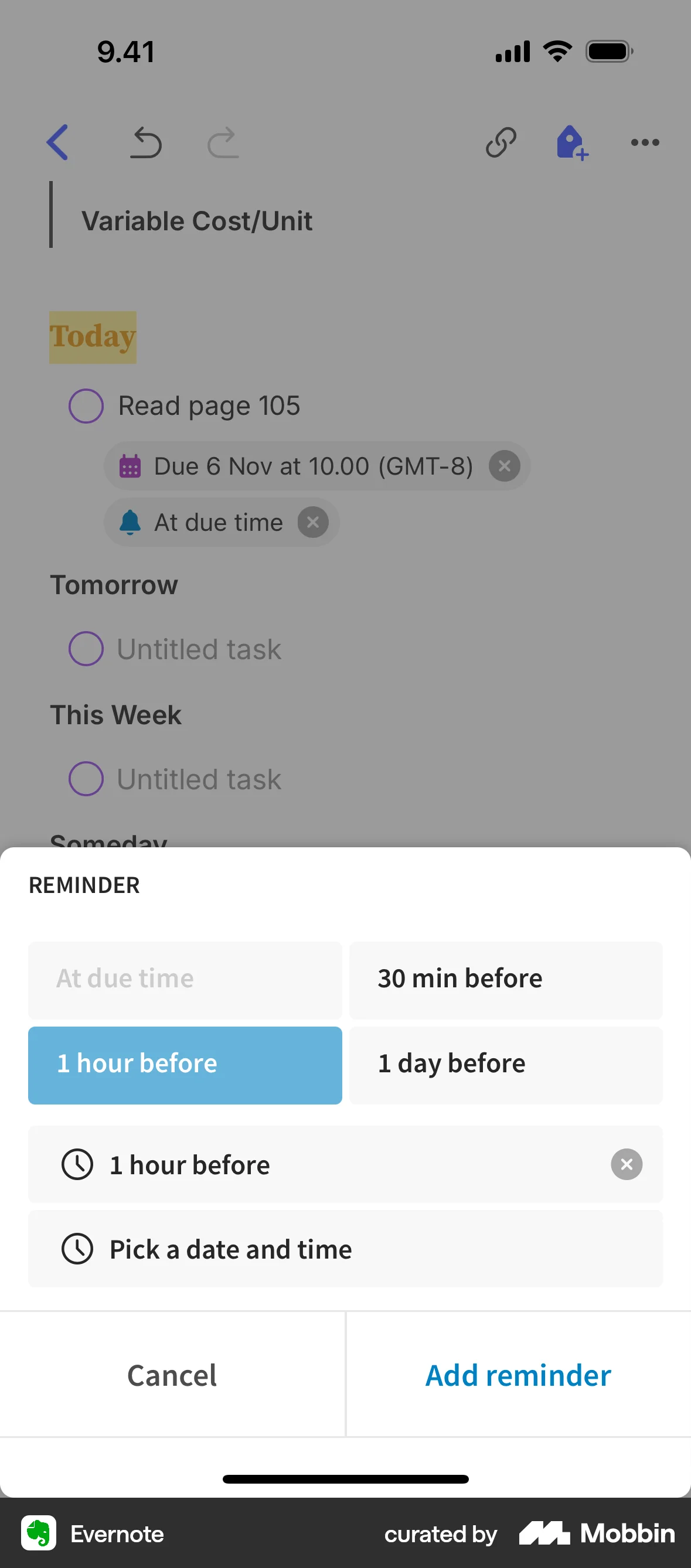 Evernote iOS Reminder screen