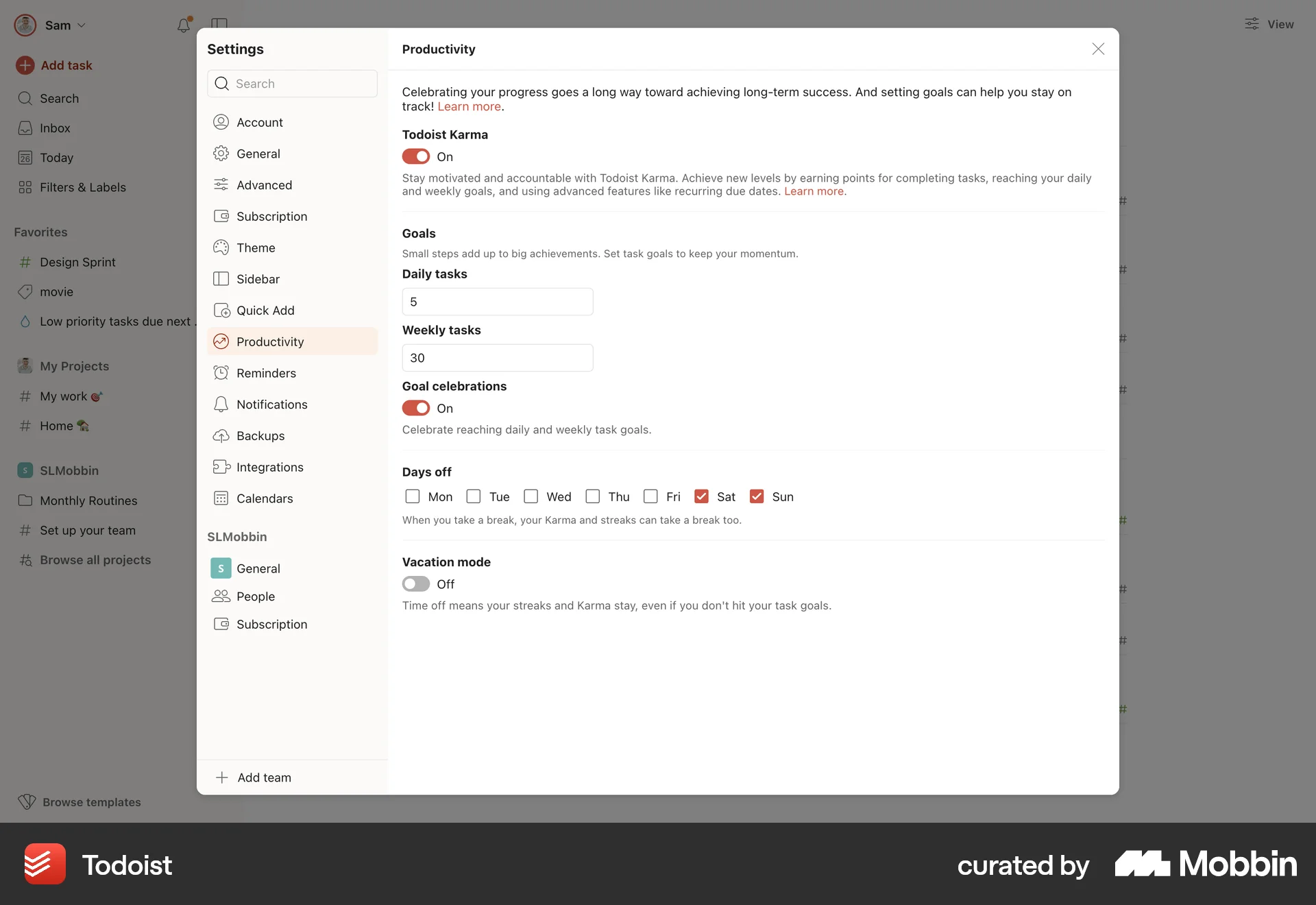 Todoist Web screen containing Switch UI element