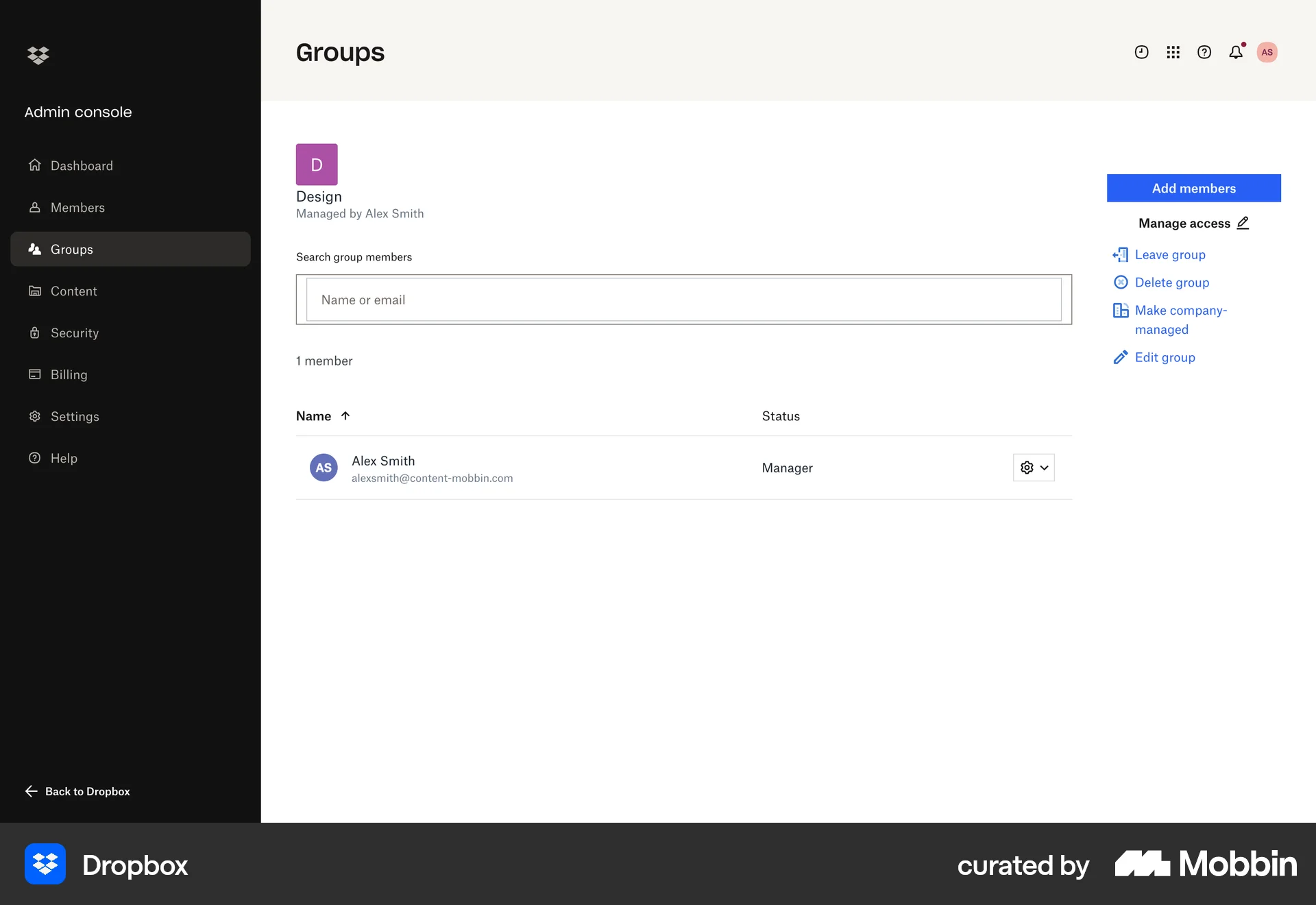 Dropbox Web Admin UI screen