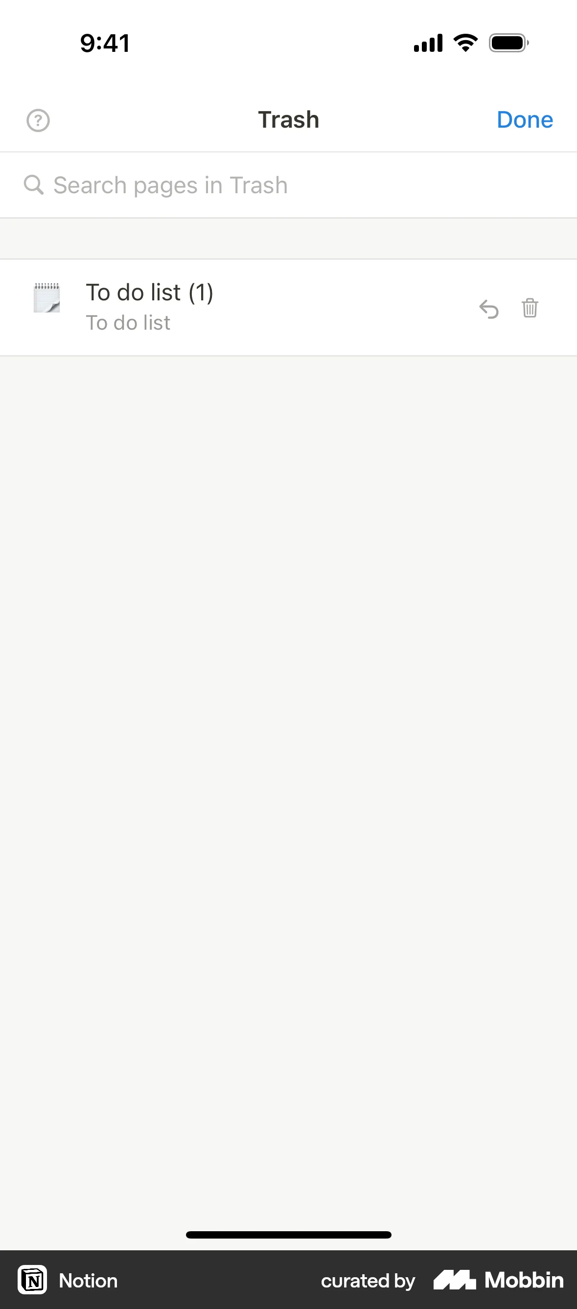 Notion iOS Trash & Archive screen