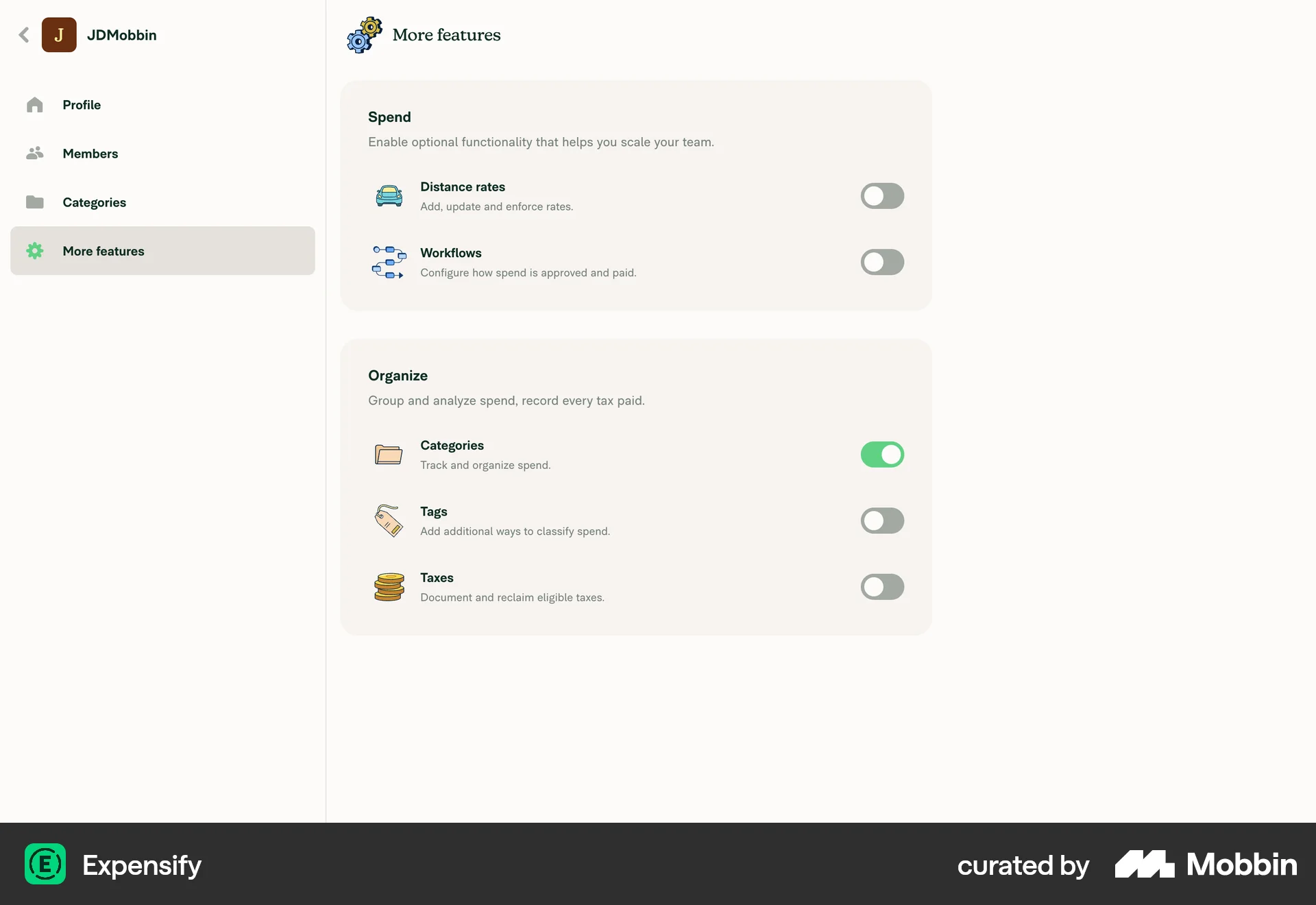 Expensify Web screen containing Switch UI element