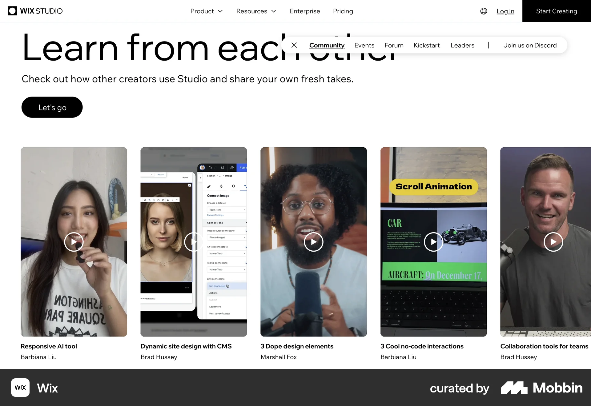 Wix Web screen containing Carousel UI element