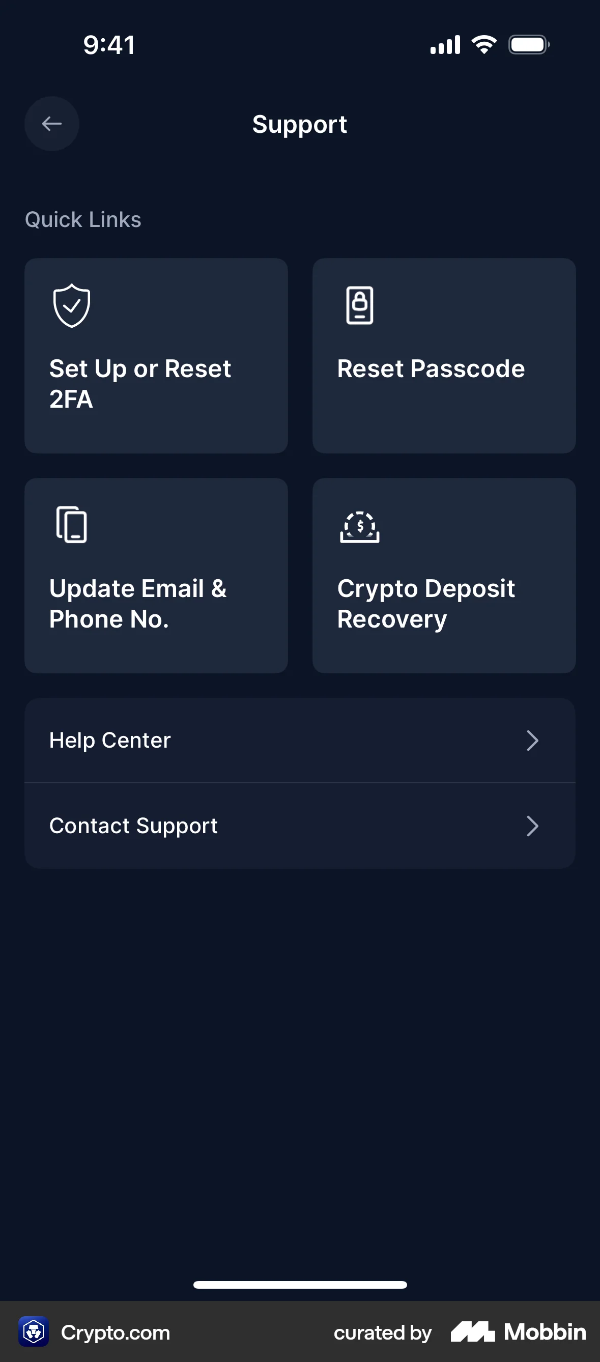 Crypto.com iOS Help & Support screen
