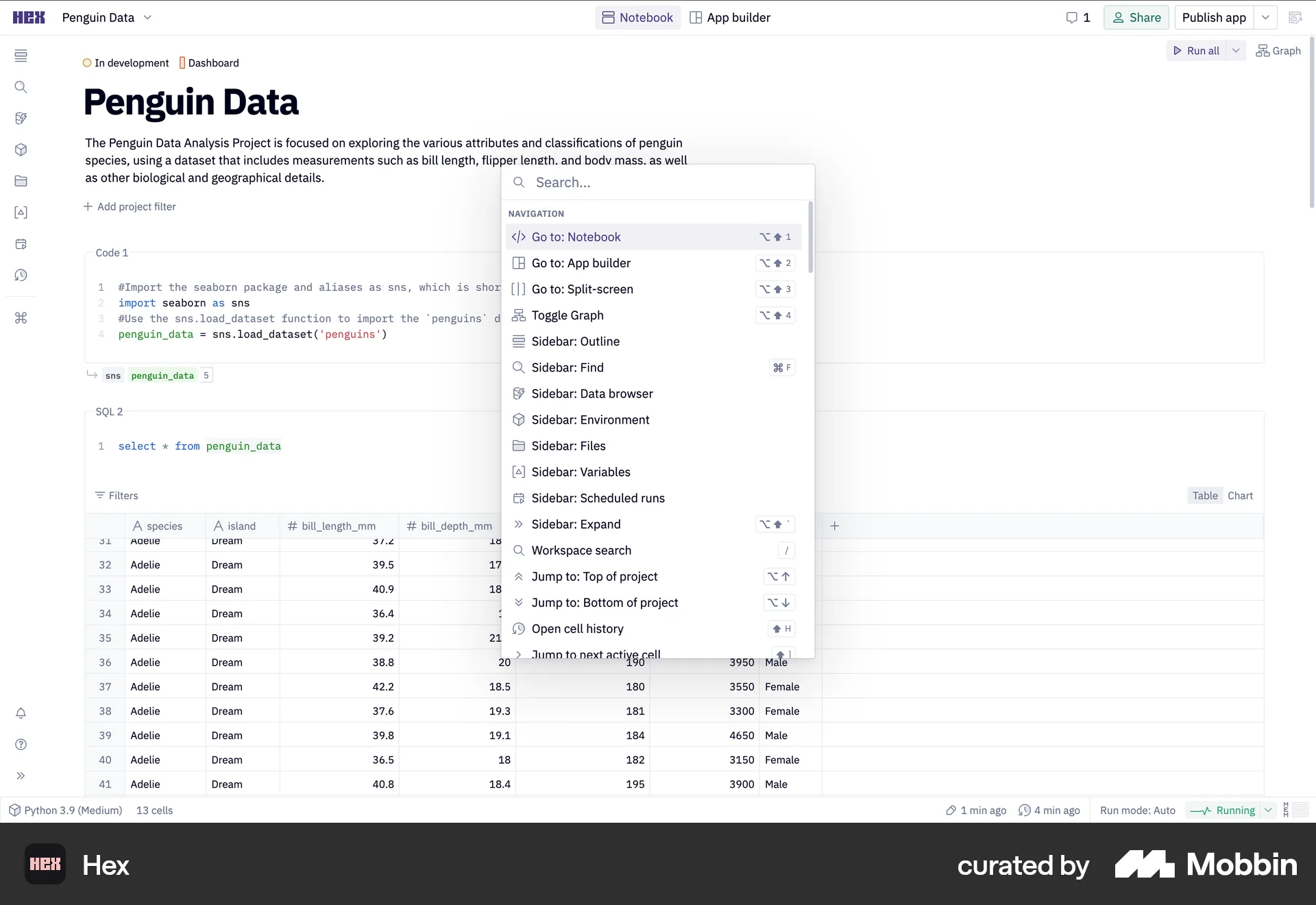 Hex Web Command Palette screen
