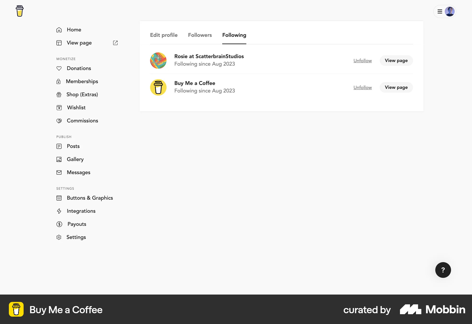 Buy Me a Coffee Web Followers & Following screen