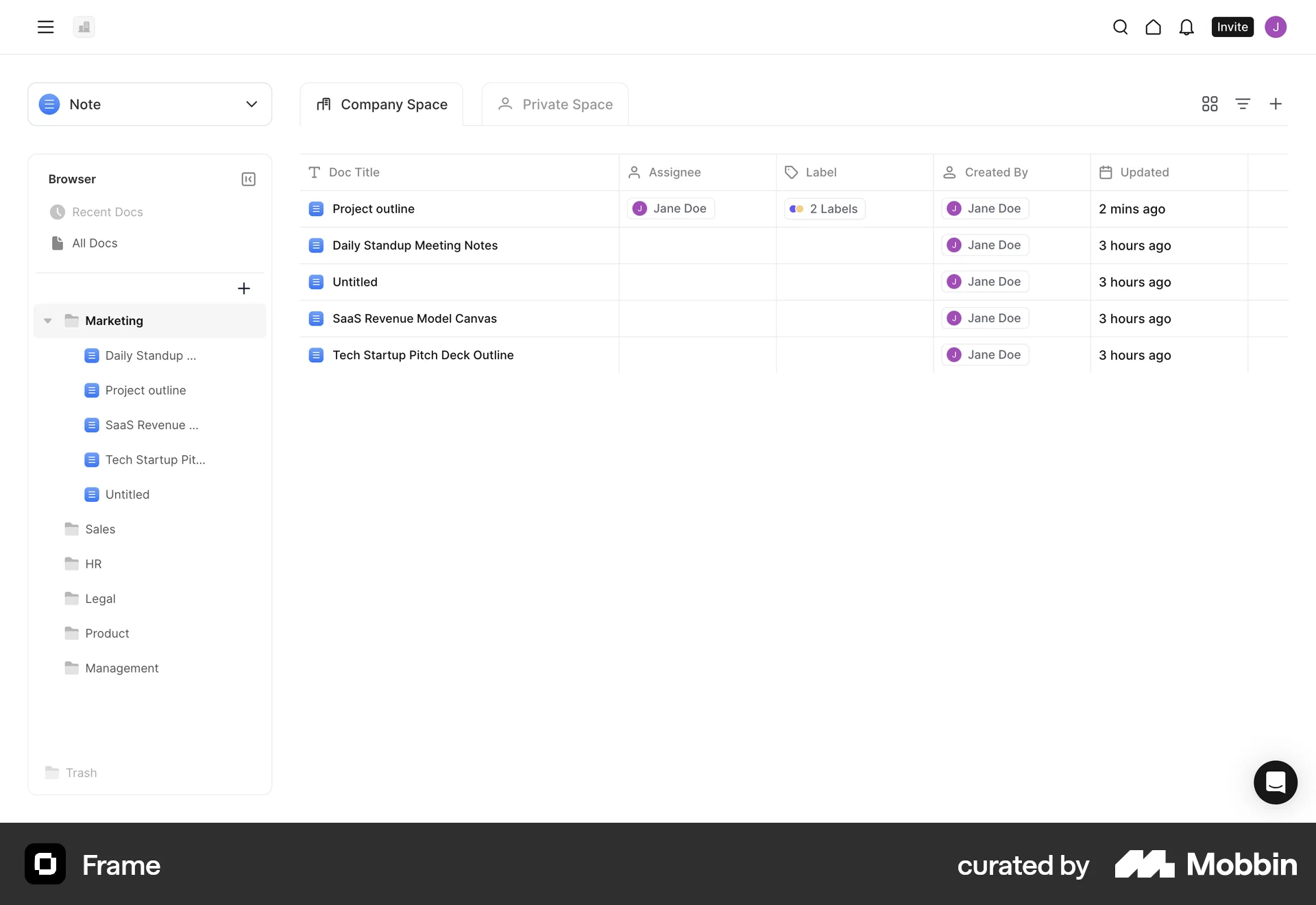 Frame Web screen containing Table UI element