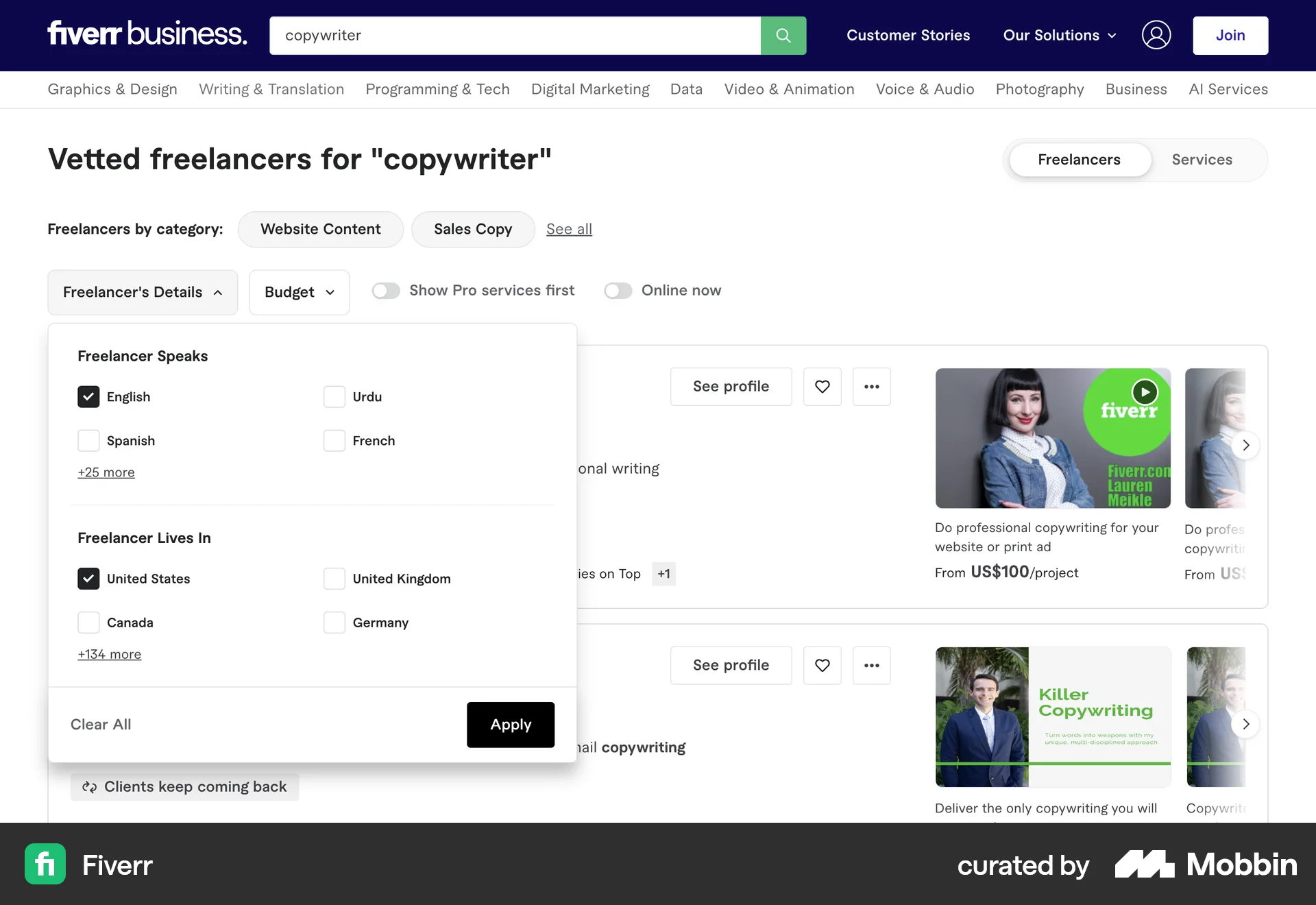 Fiverr Web screen containing Checkbox UI element