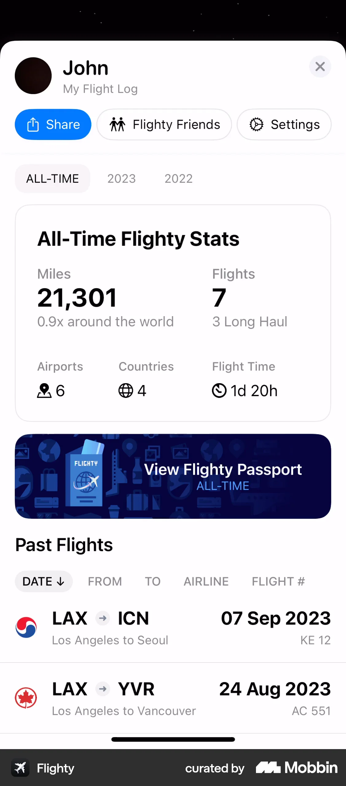 Flighty iOS screen containing Tab UI element