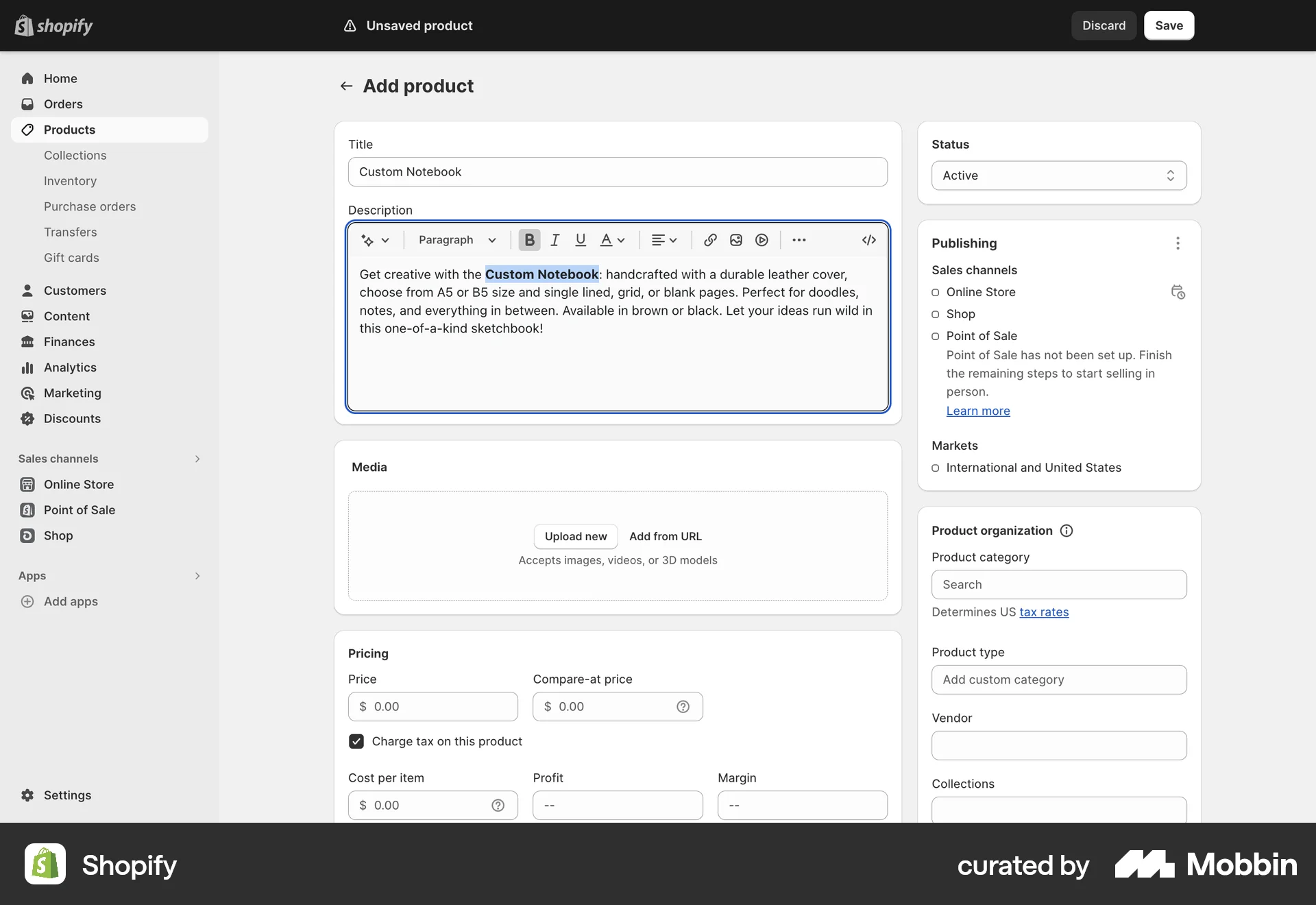 Shopify Web screen containing Toolbar UI element