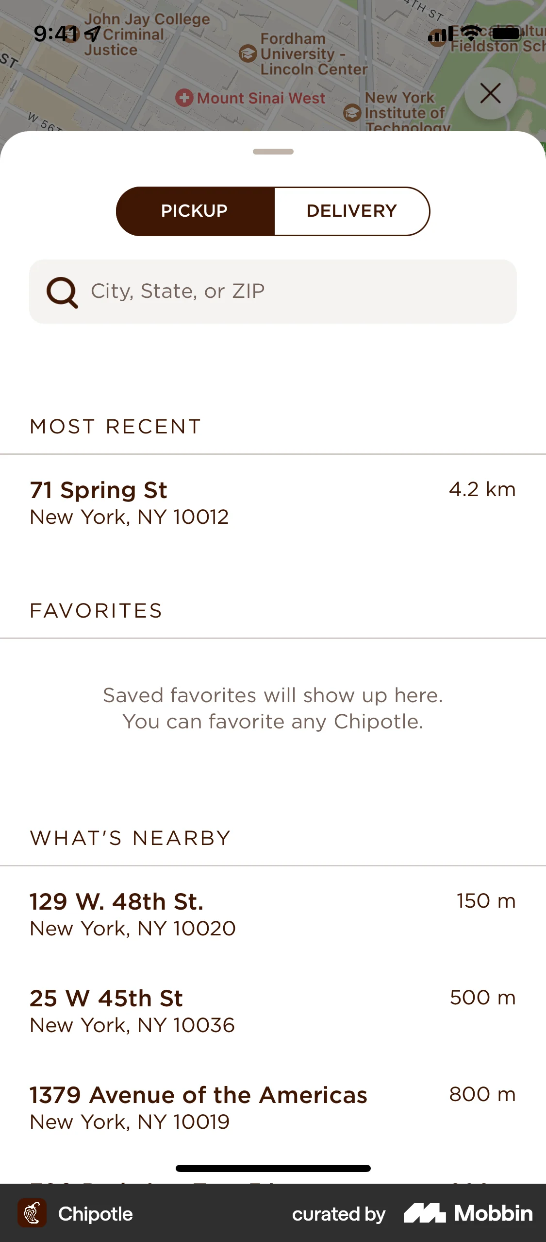 Chipotle iOS screen containing Segmented Control UI element