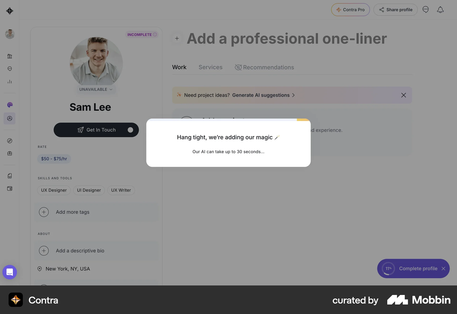 Contra Web screen containing Loading Indicator UI element
