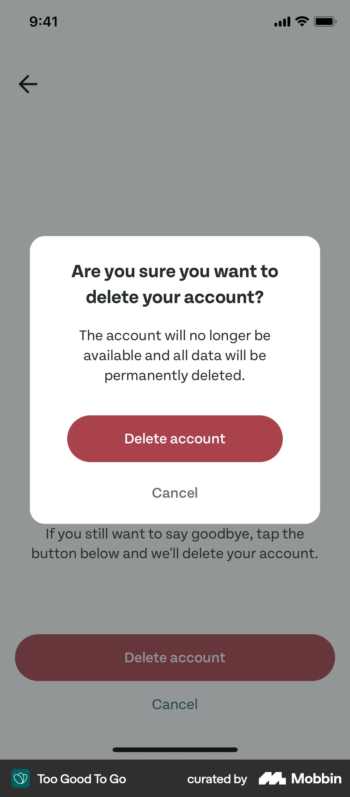 Too Good To Go iOS Delete & Deactivate Account screen