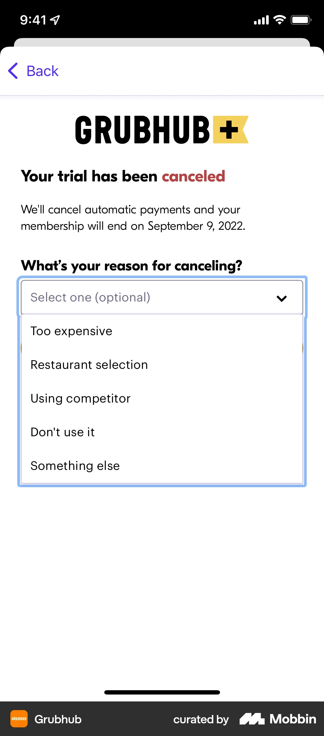 Grubhub iOS Feedback screen