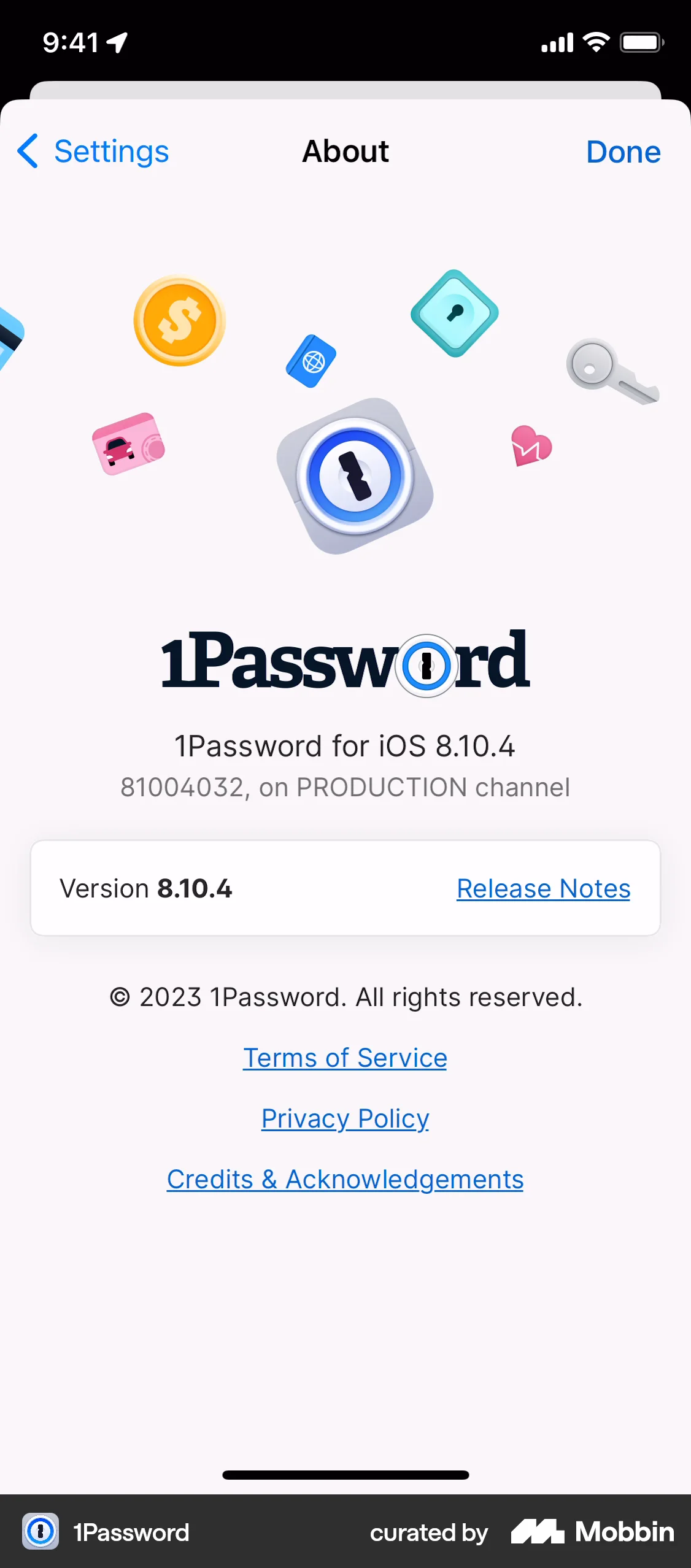 1Password iOS About screen