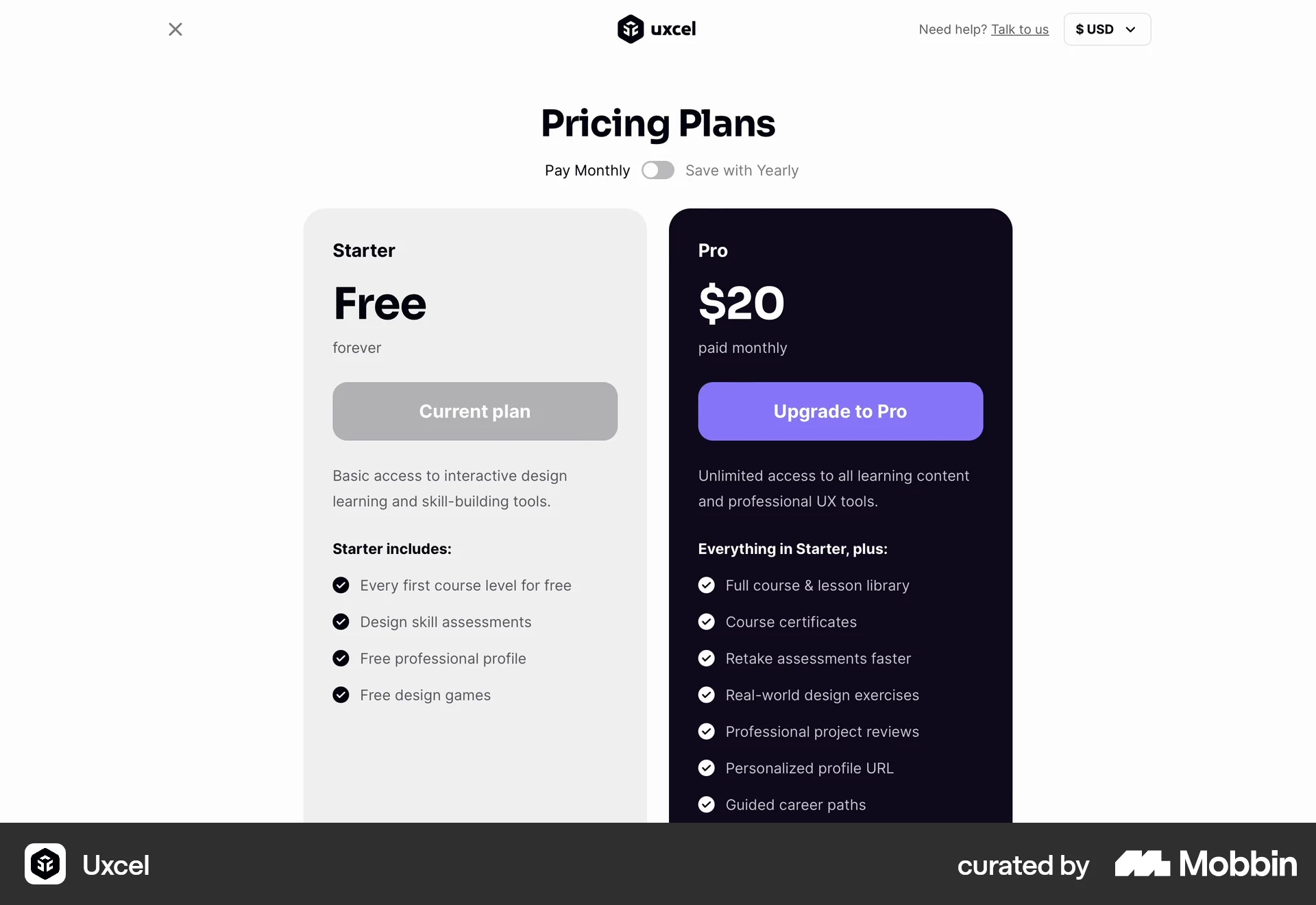 Uxcel Web Pricing screen