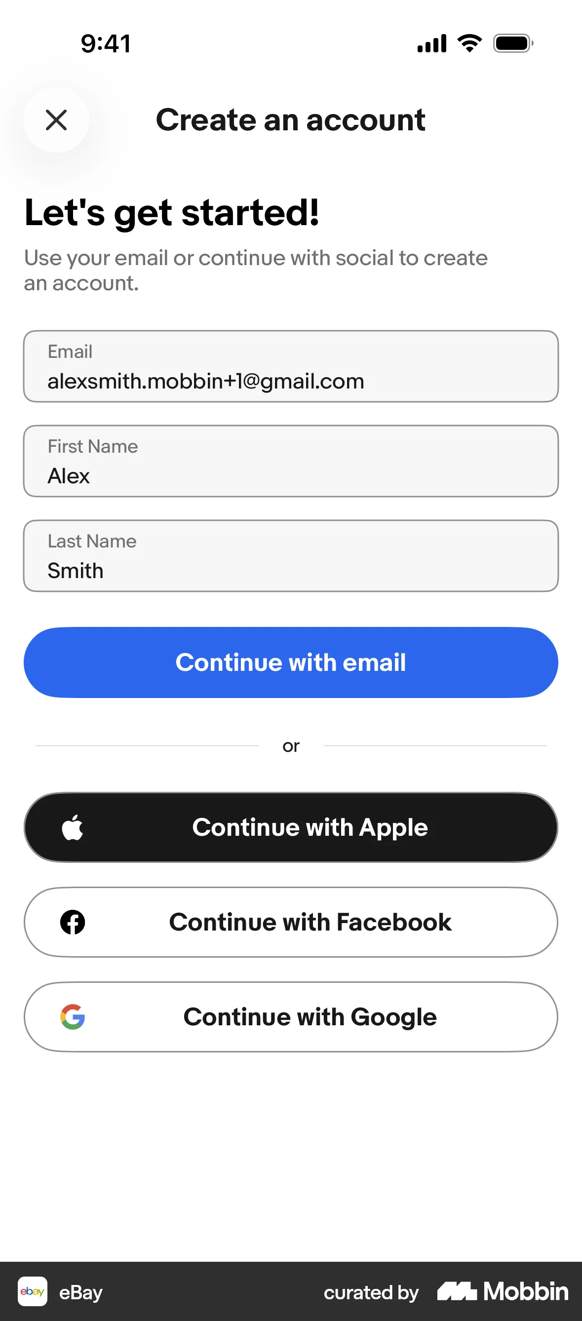 eBay iOS Signup screen