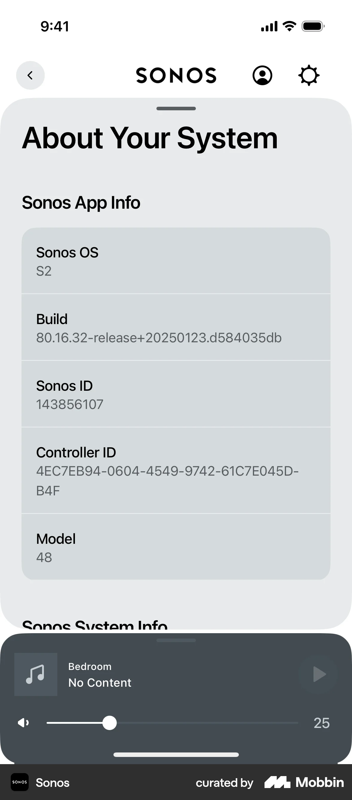 Sonos iOS About screen