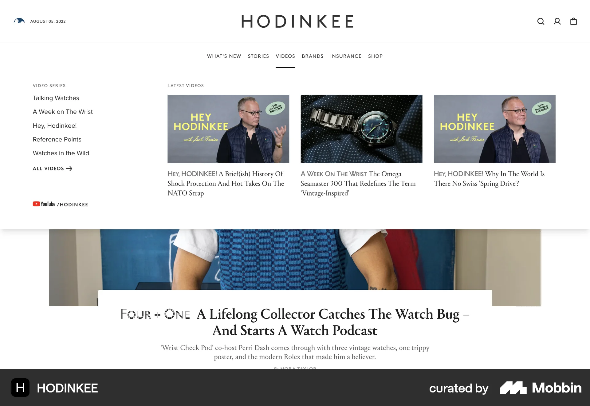 HODINKEE Web screen containing Navigation Menu UI element