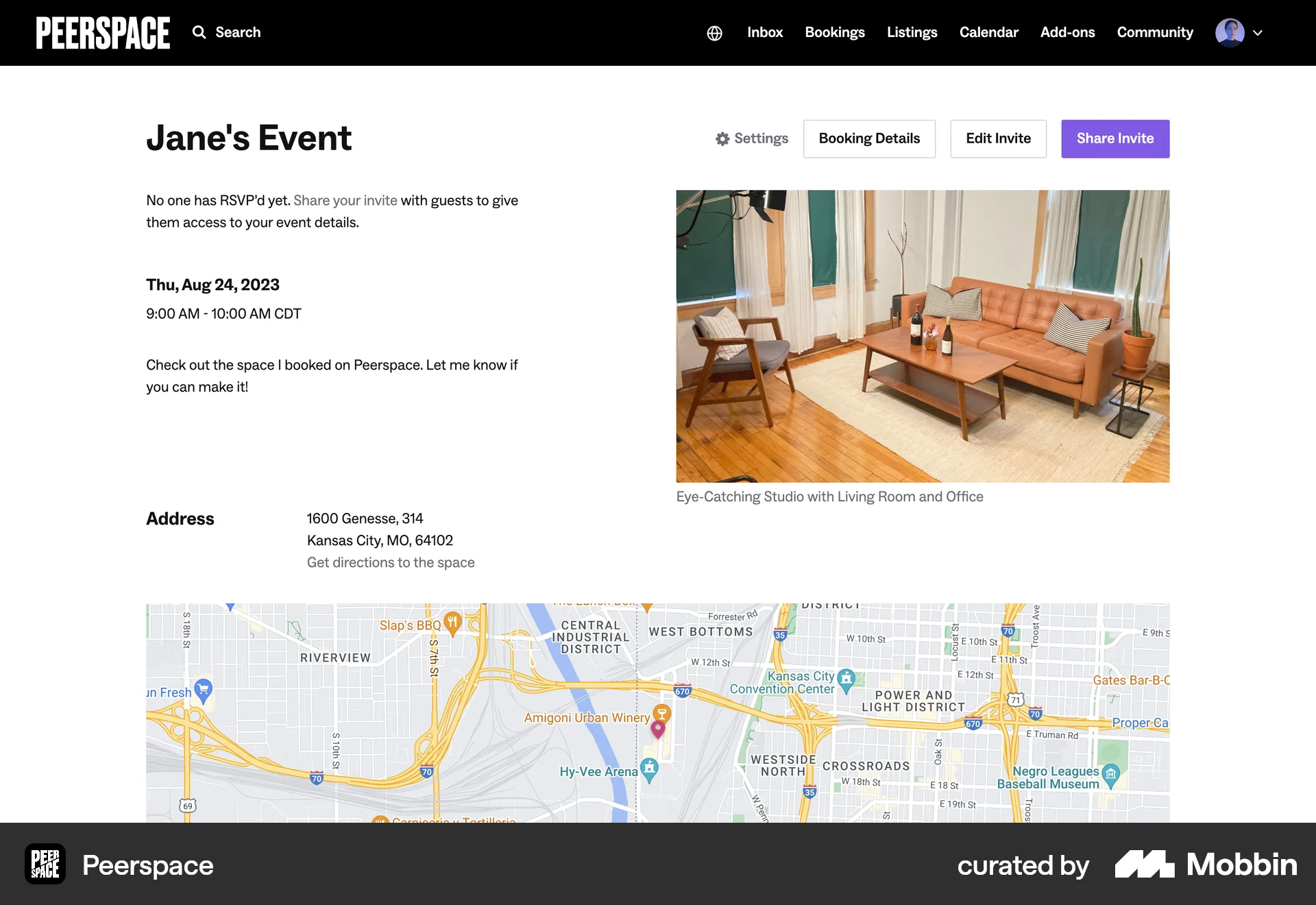Peerspace Web Event Detail screen