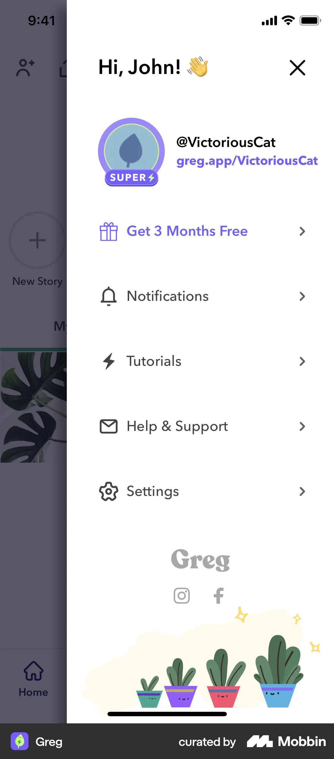 Greg iOS screen containing Side Navigation UI element