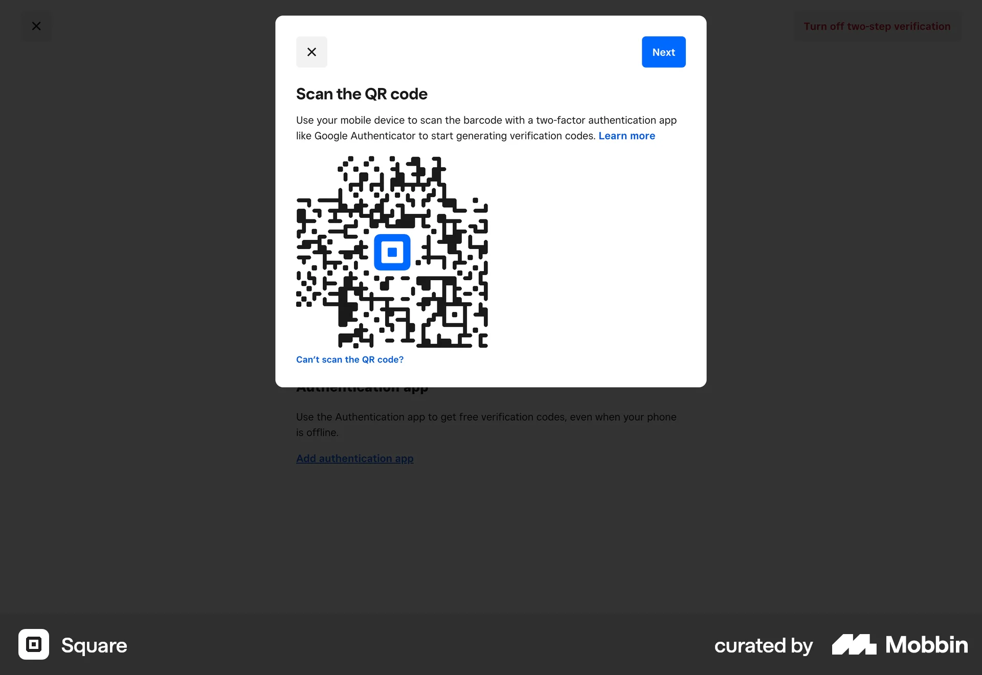 Square Web QR Code screen