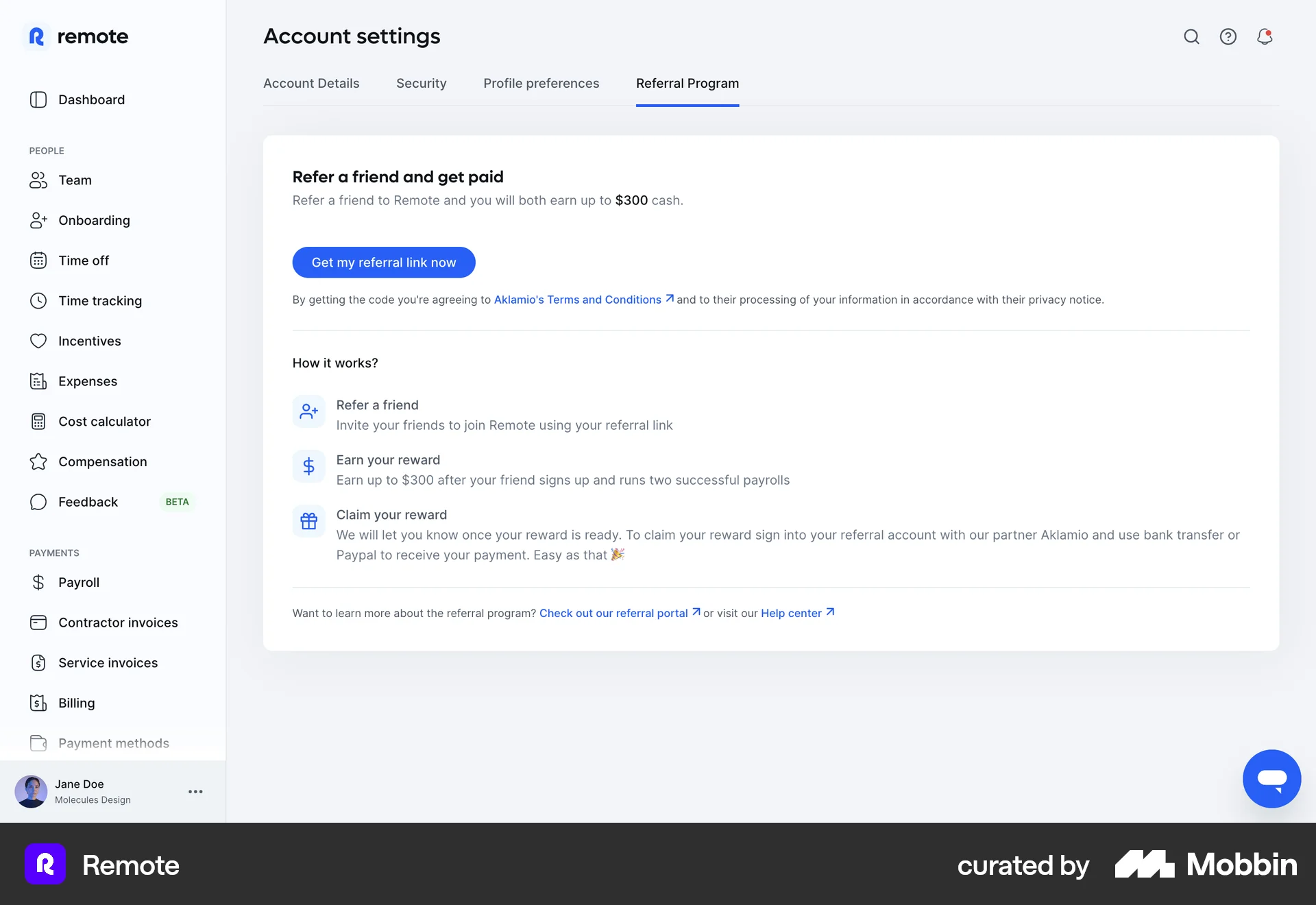 Remote Web Invite & Refer Friends screen