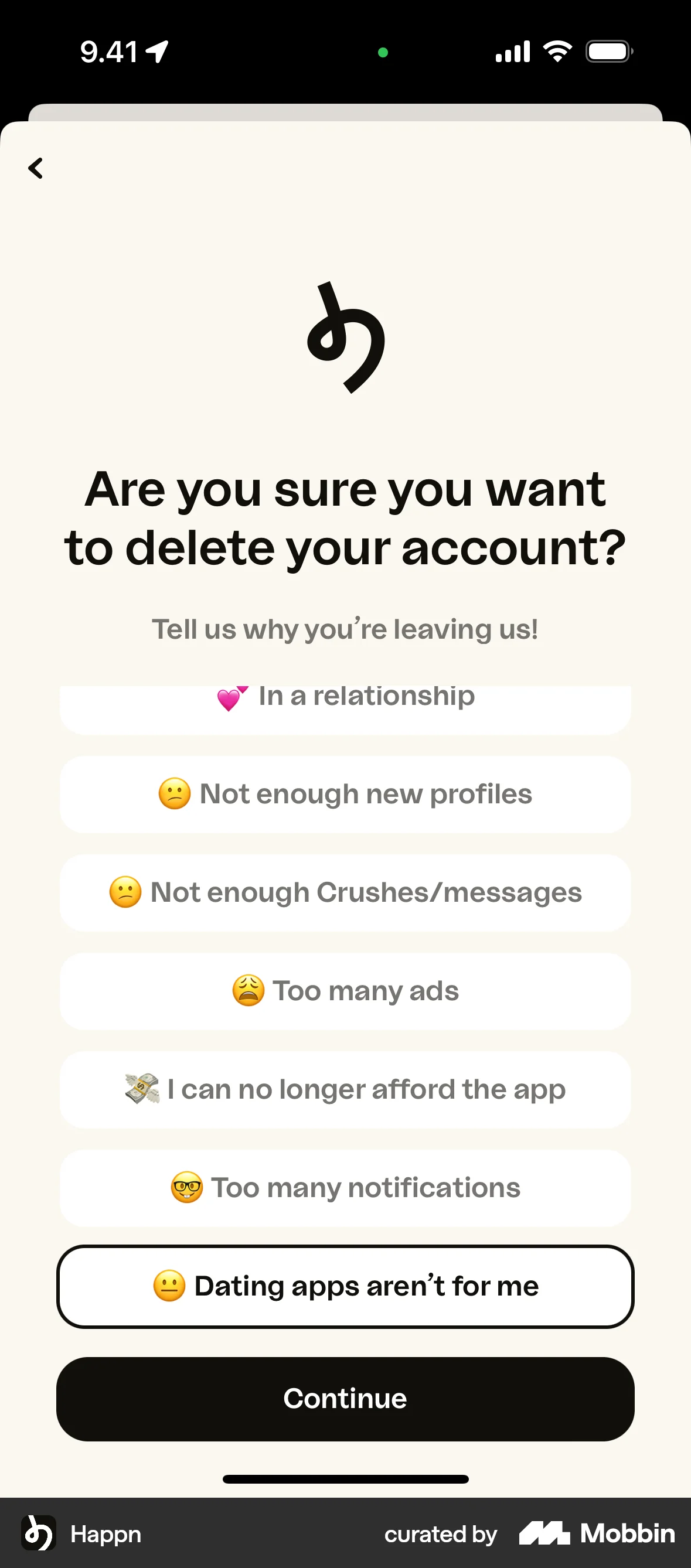 happn iOS Delete & Deactivate Account screen