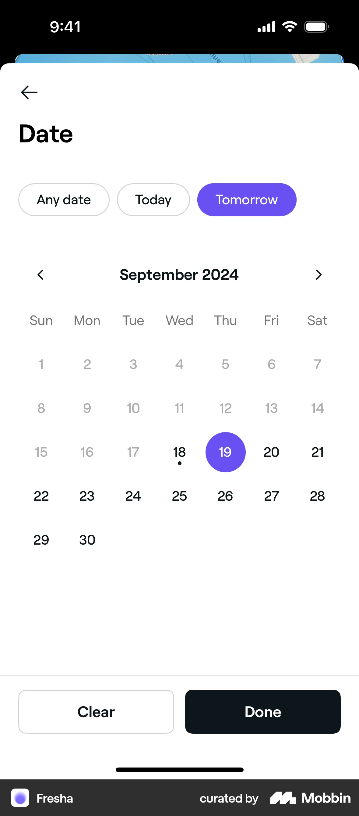 Fresha iOS screen containing Date Picker UI element