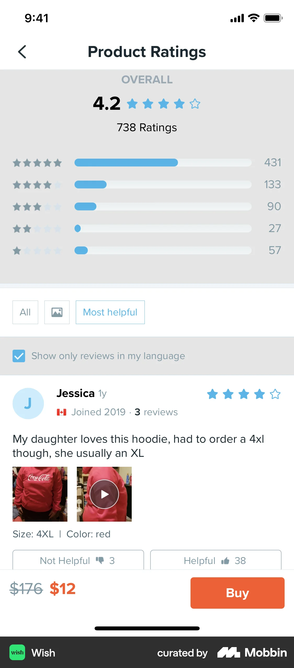 Wish iOS Reviews & Ratings screen