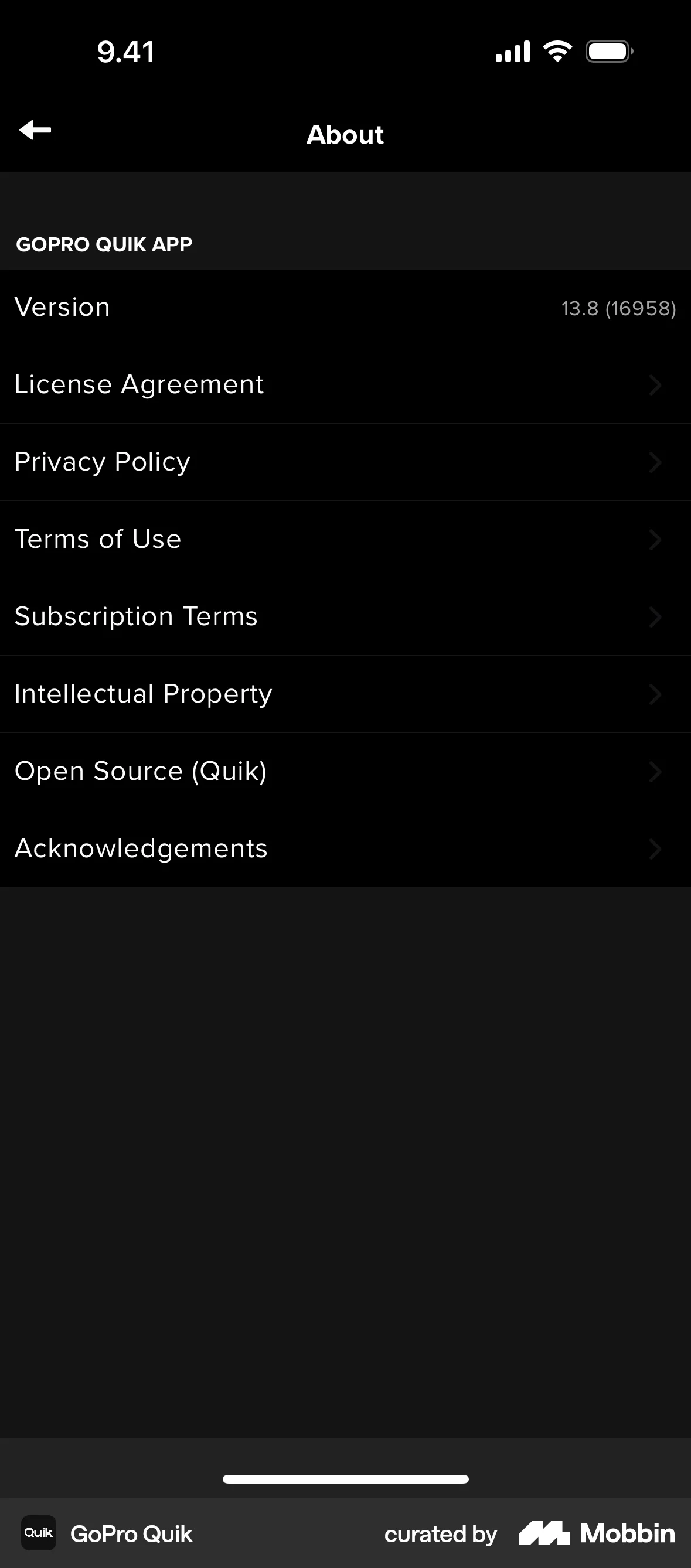 GoPro Quik iOS About screen