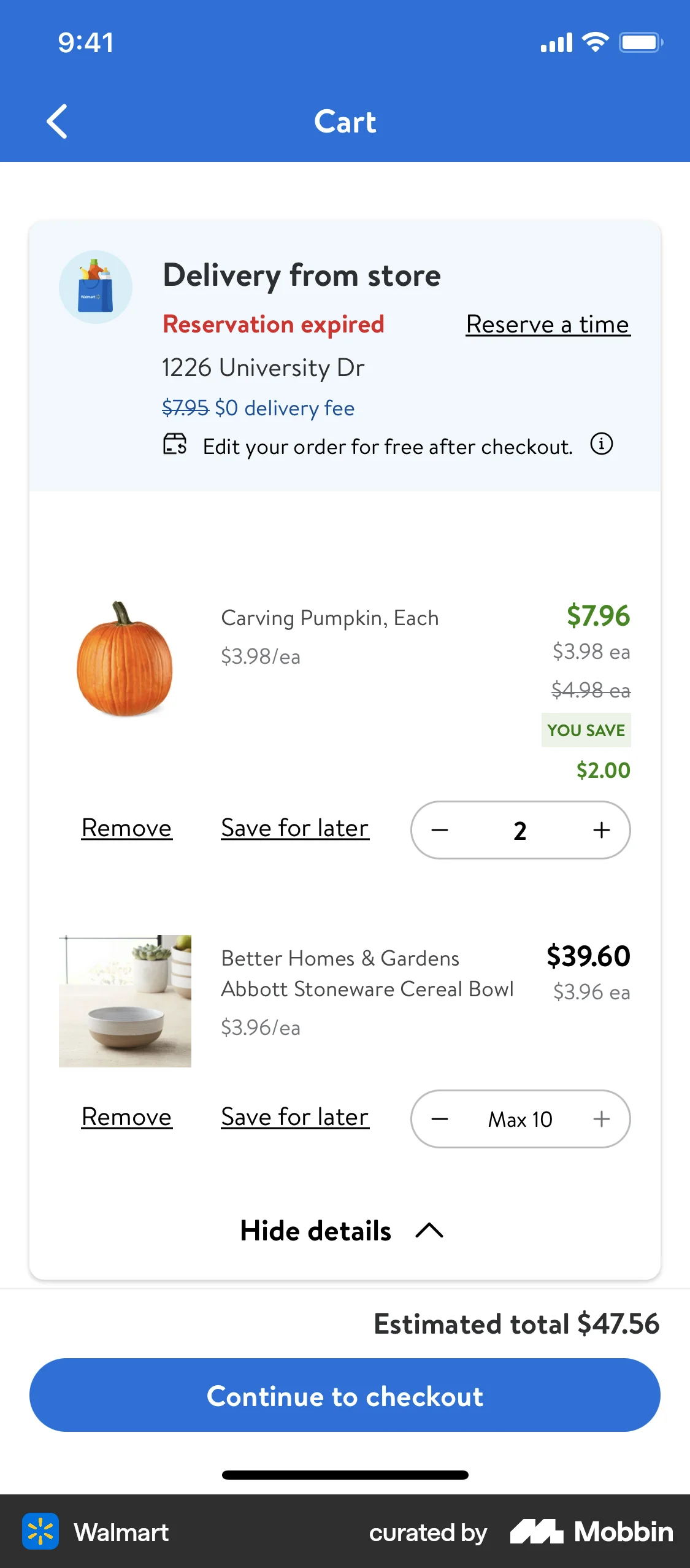 Walmart iOS Mobile Shopping Cart screen