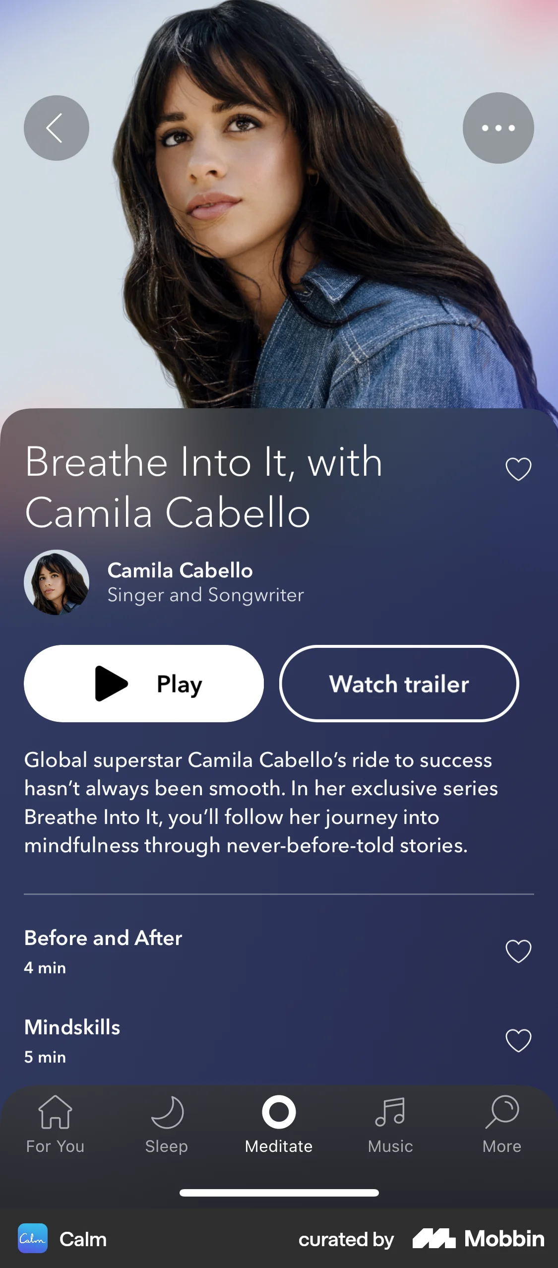 Calm iOS Song & Podcast Detail screen