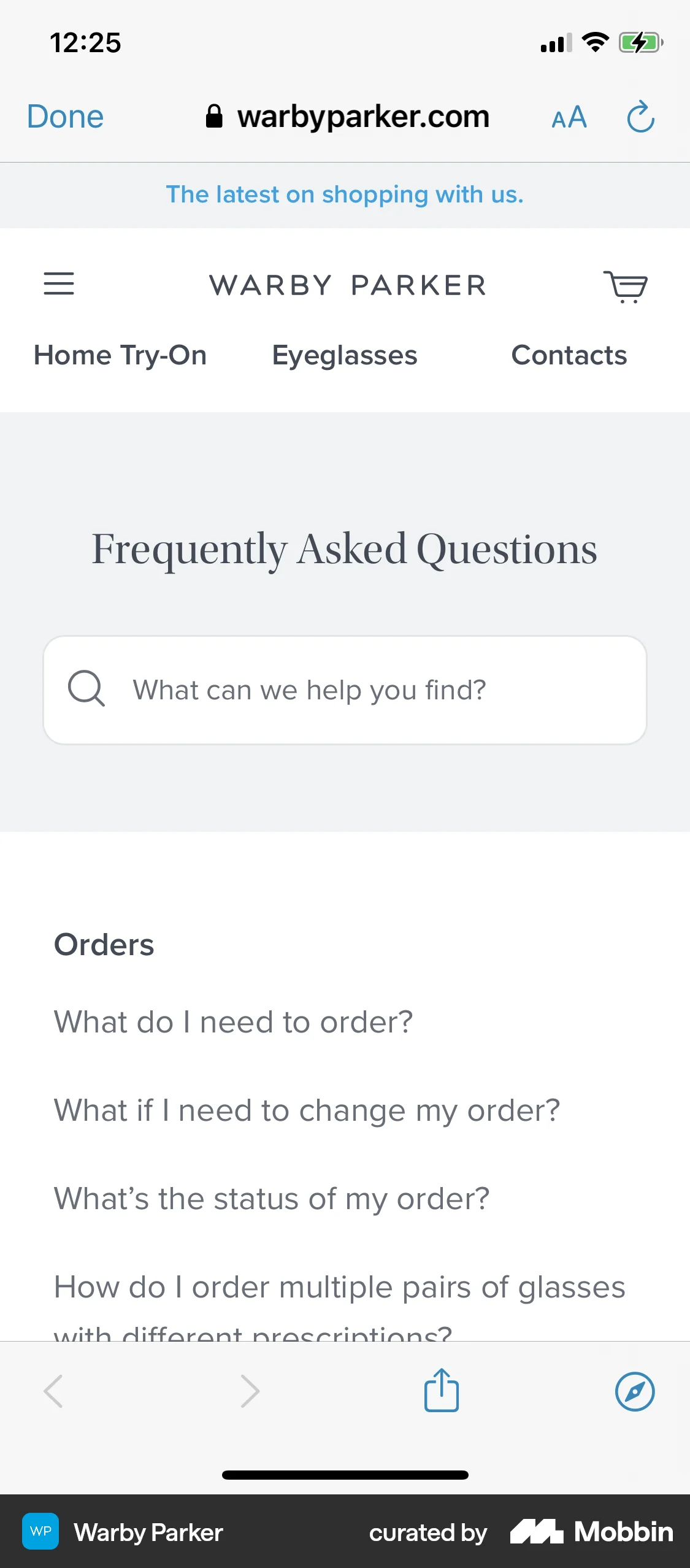 Warby Parker iOS Help & Support screen