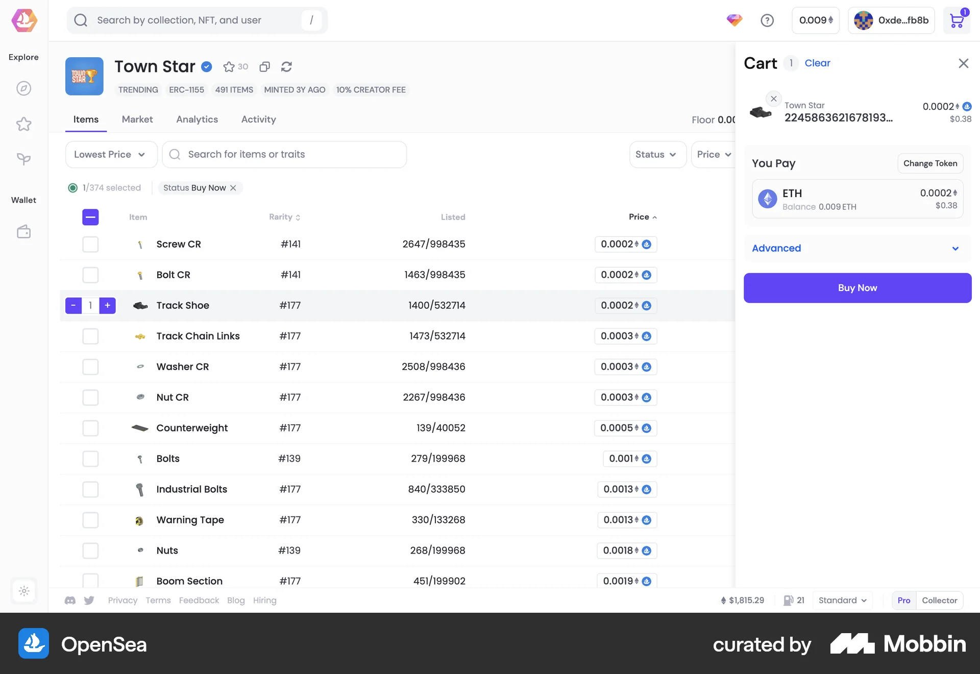 OpenSea Web Web Shopping Cart screen