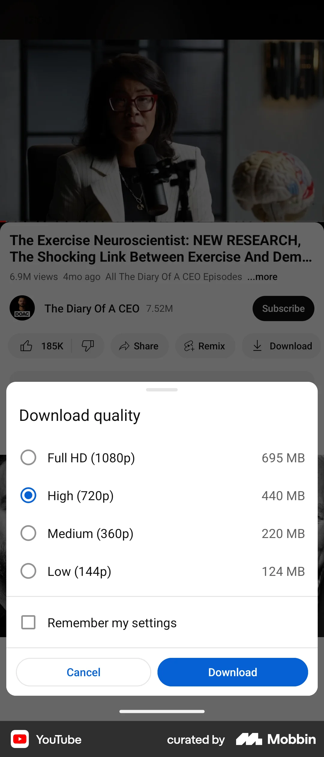 YouTube Android Upload & Download screen