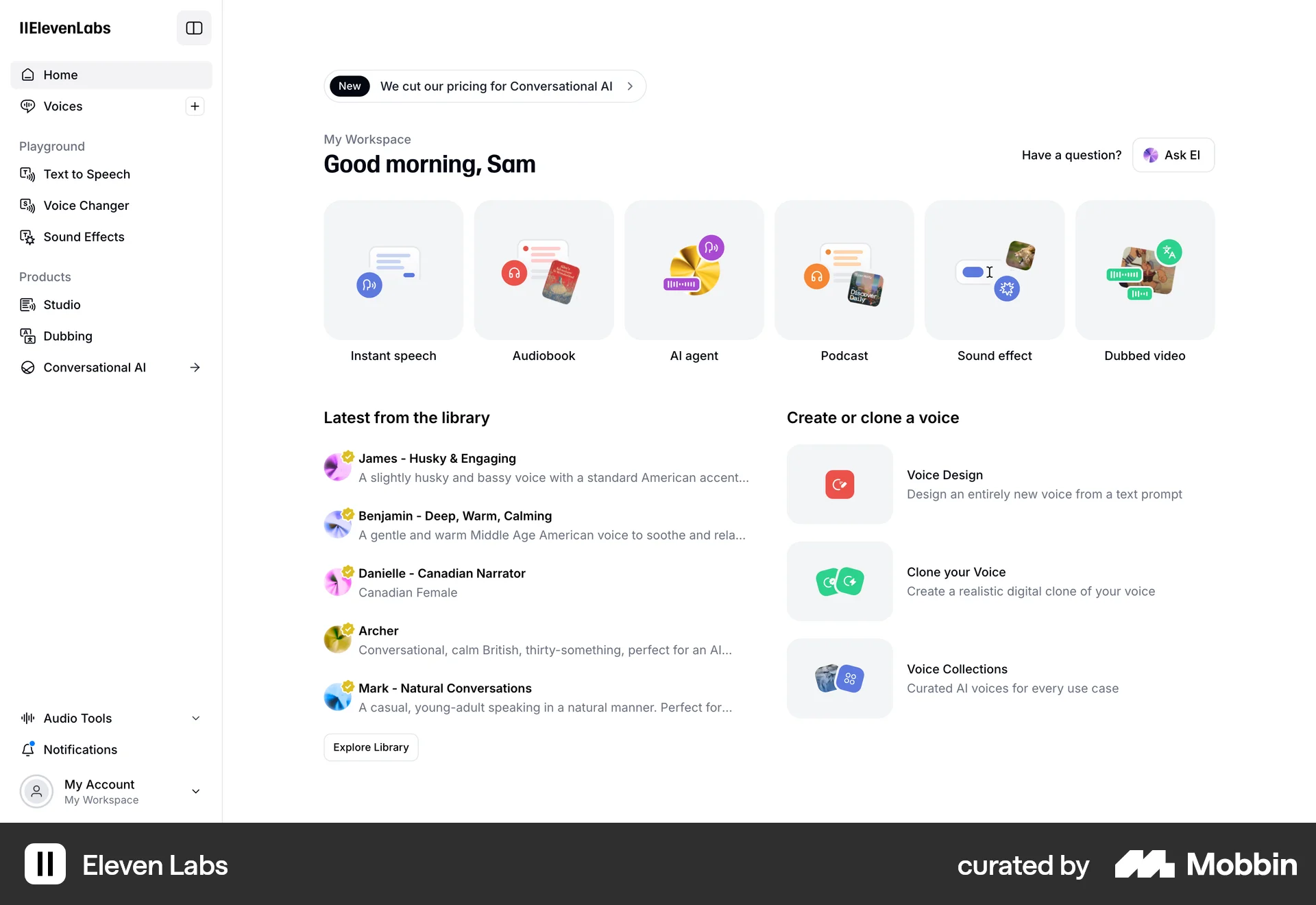 ElevenLabs Web Home screen