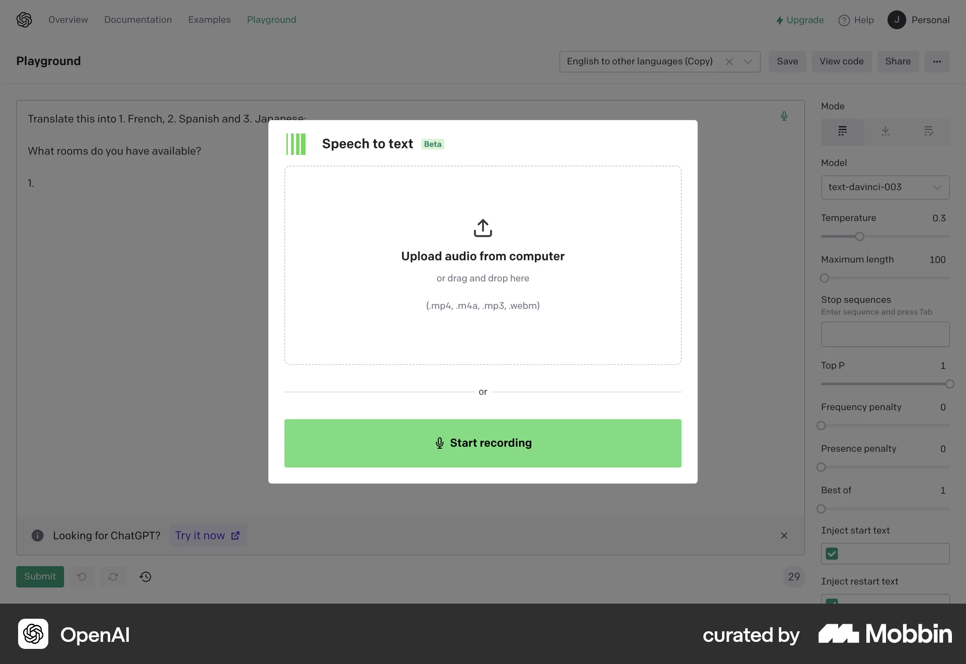 OpenAI Platform Web screen containing File Upload UI element