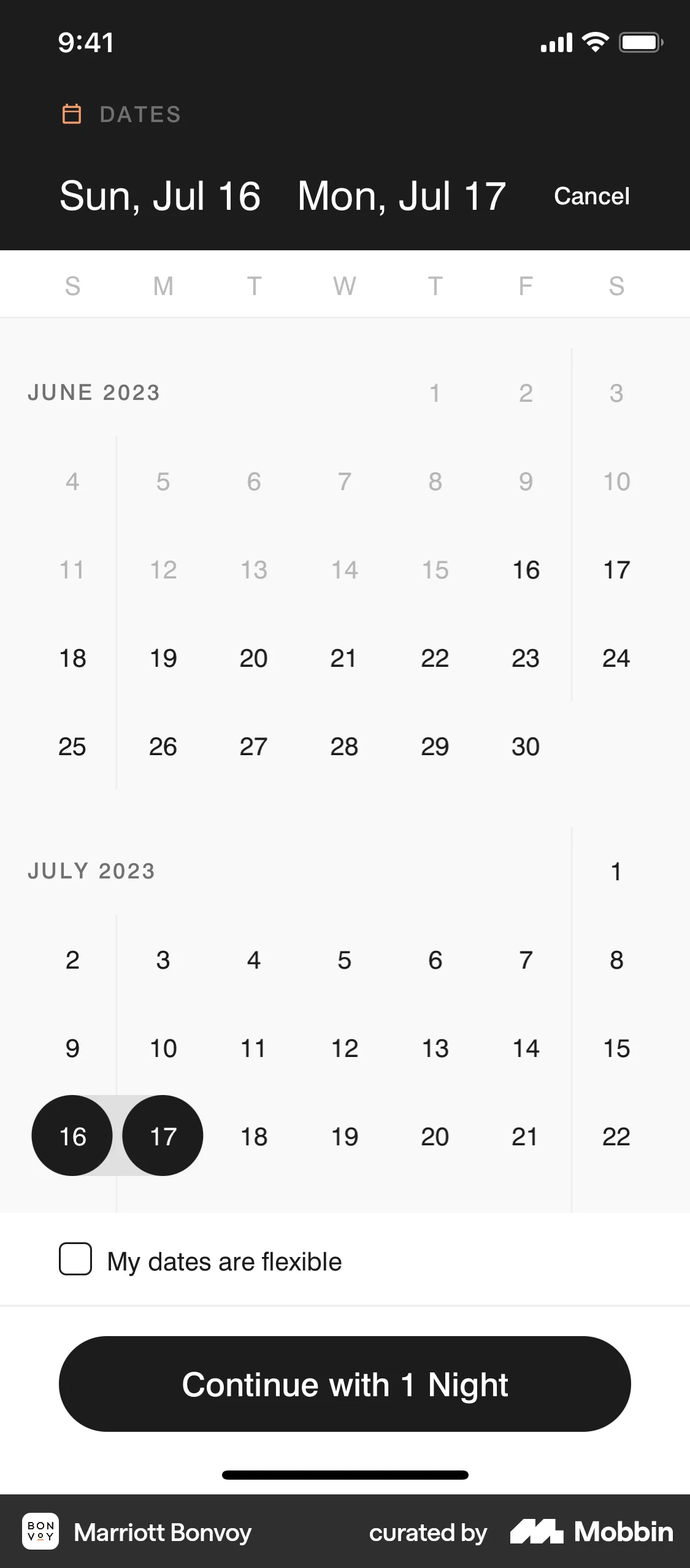 Marriott Bonvoy iOS Calendar screen